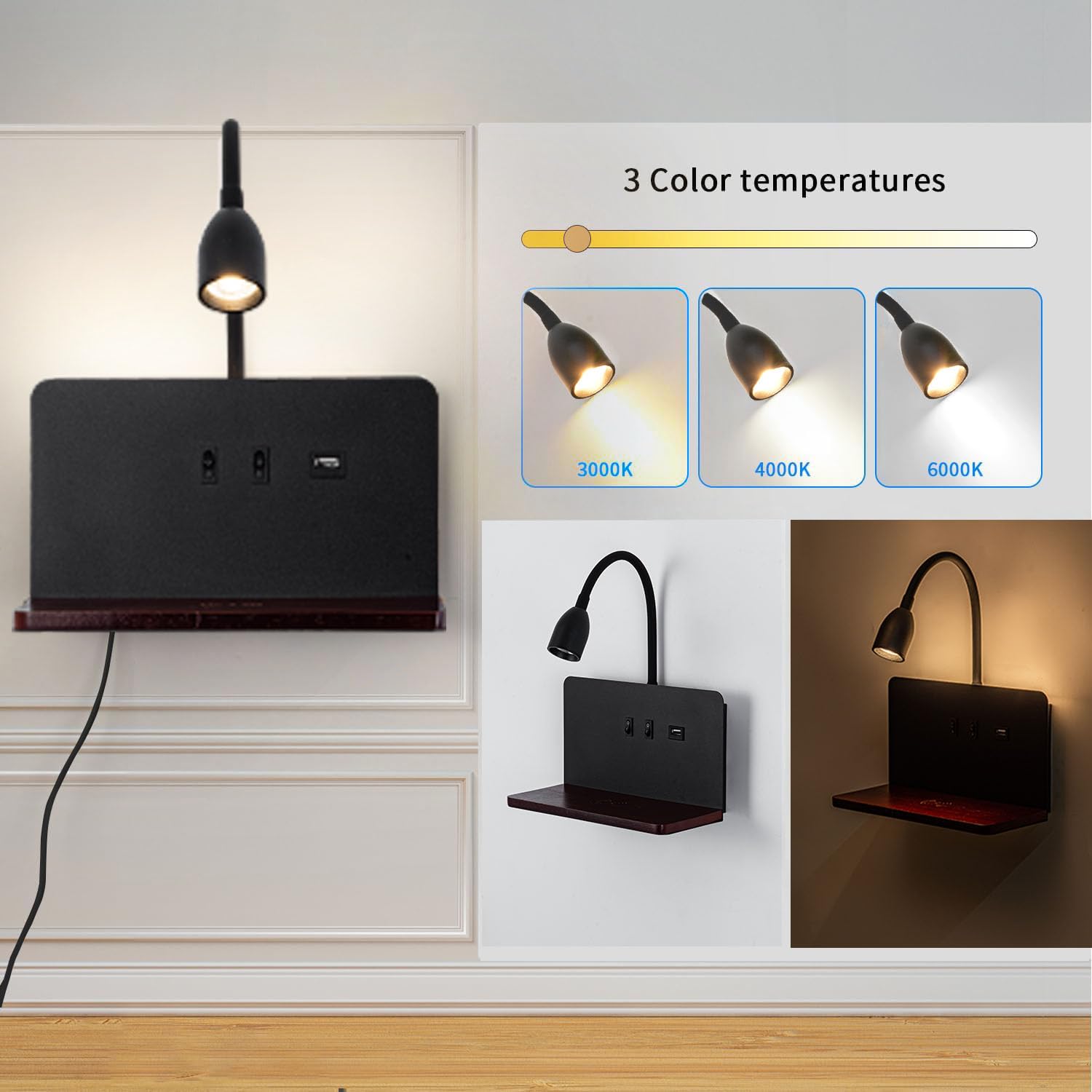 Bedside Wall Sconces With Wireless Charging Station & Usb Charging, 3 Adjustable Color Temperatures Led Reading Lamp, 3000K Warm