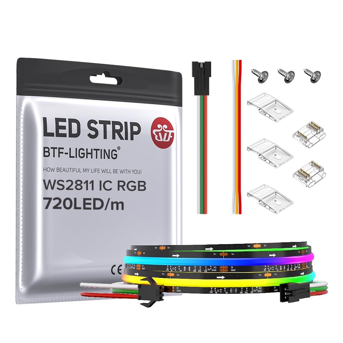 BTF-LIGHTING FCOB WS2811 IC RGB COB LED Strip DC12V 720LED/m 3.2FT Flexible High Density Uniform Chasing Color Light 20IC/m 12mm