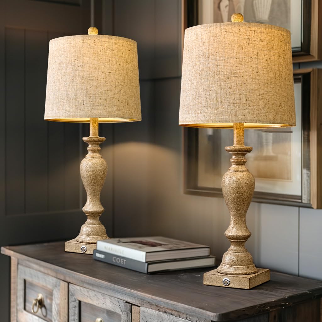 Portres 25.75'' Farmhouse 3-Way Dimmable Table Lamp Set Of 2 Touch Control Bedside Lamps Nightstand Lamps For Living Room Rustic