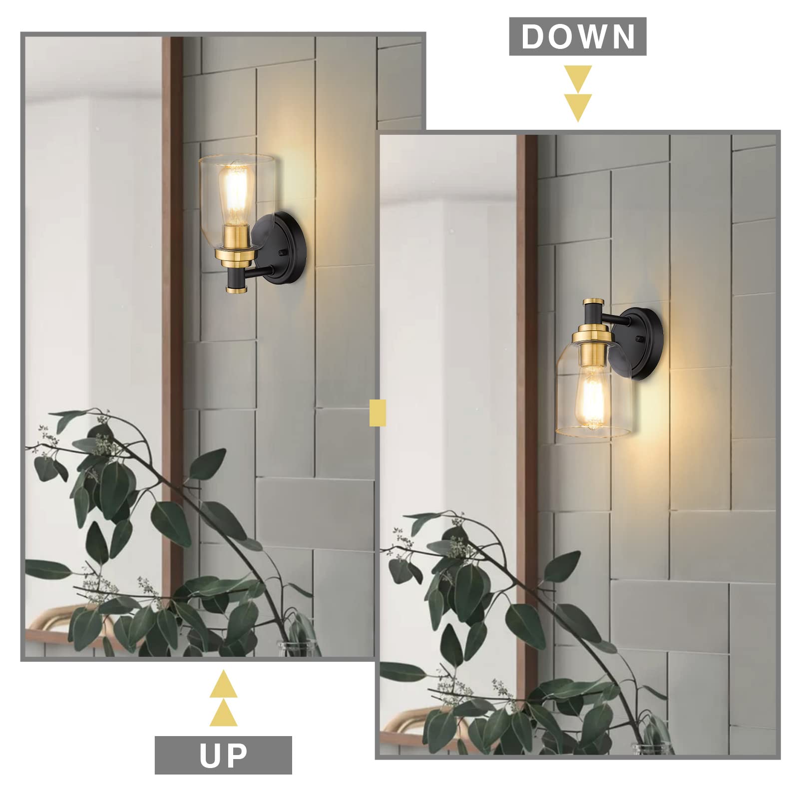 Zeyu 2 Pack Modern Vanity Wall Sconces, Indoor Wall Lights For Bathroom Hallway Bedroom With Clear Glass Shade, Black And Gold F