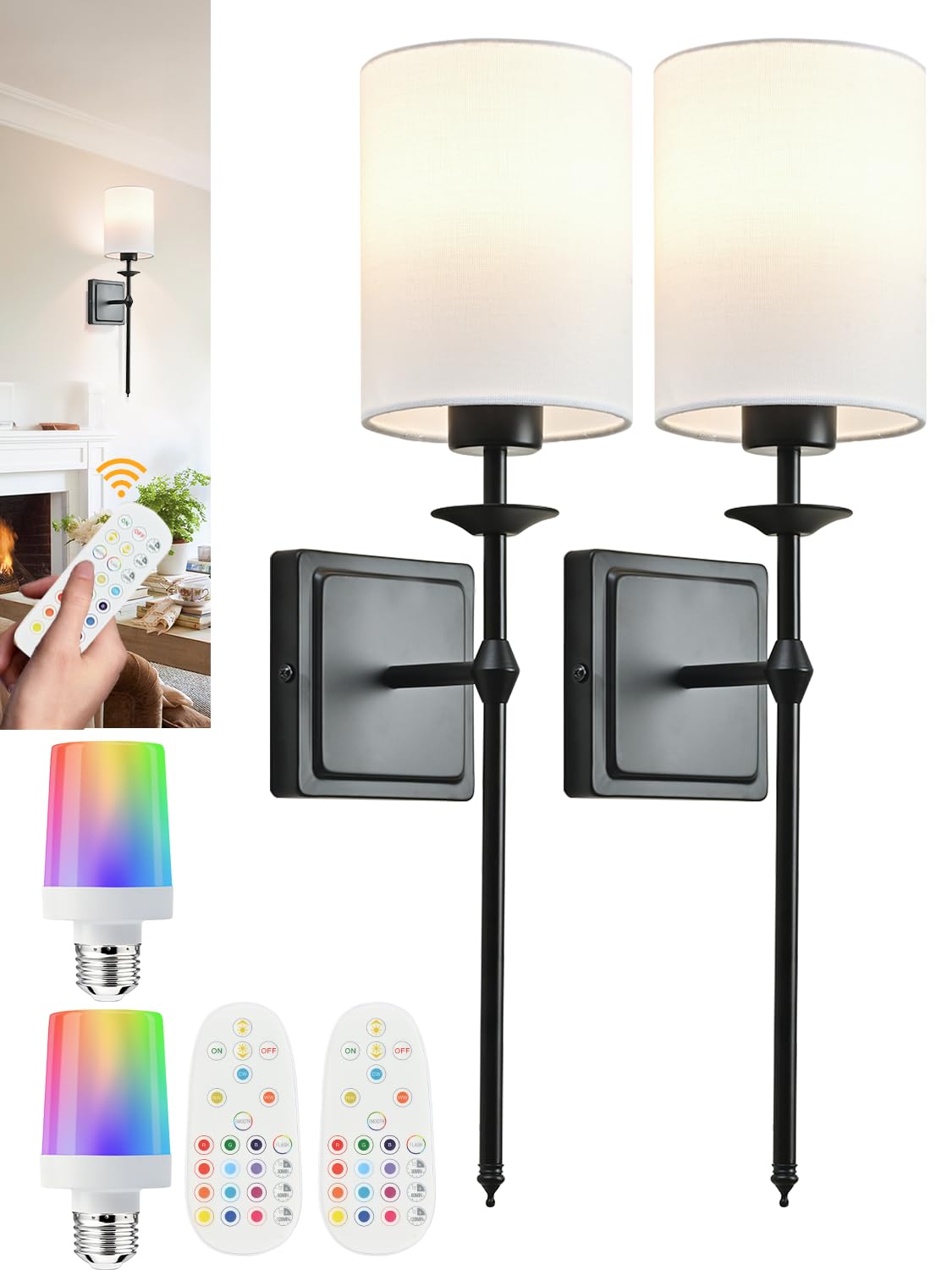 Battery Operated Wall Sconces Set Of 2 Sconces Wall Decor Black Cordless Wall Sconces With Remote 12 Colors Modes Rechargeable W