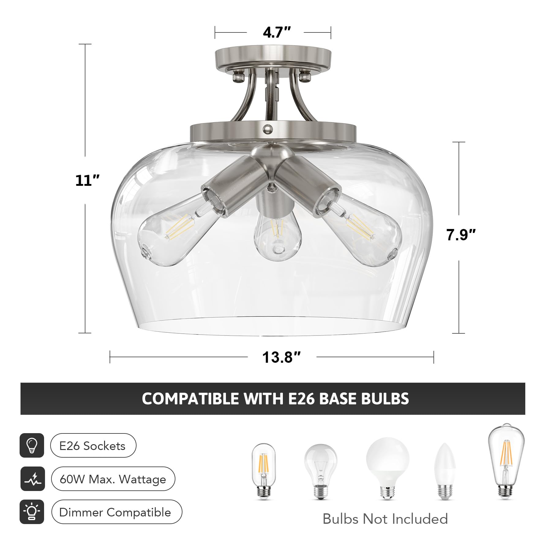 VONLUCE Semi Flush Mount Ceiling Light 13.8in Metal Brushed Nickel 3-Bulb E26 Clear Glass Shade Model VONLUCEHCF2806NI