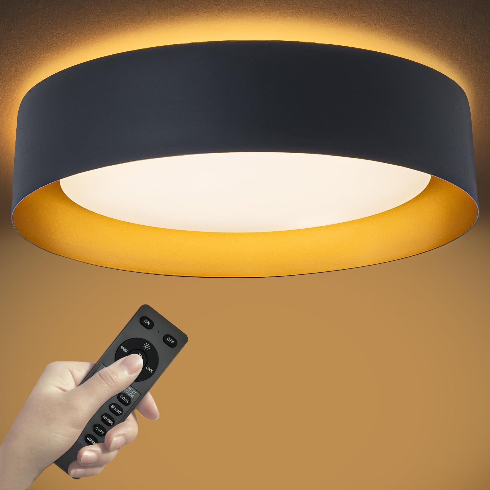 Bargeni Flush Mount Ceiling Light with Remote Matte Black with Gold Inside 24W/2700K-6000K/with Night Light Mode 12.5 inch LED Flush Mount Light for Bedroom Living Room Kitchen
