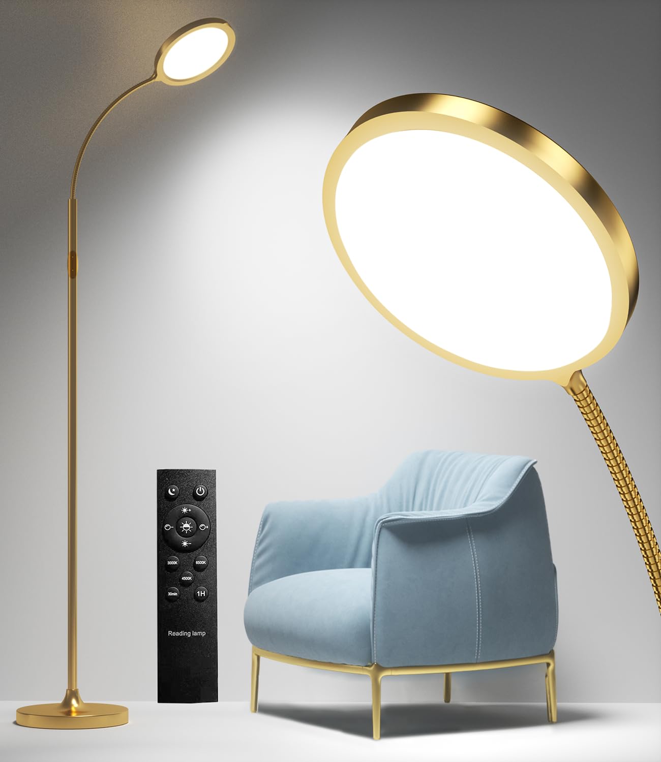 Luckystyle Gold Dimmable LED Floor Lamp with Remote, Adjustable Gooseneck, Model LY-UK-05