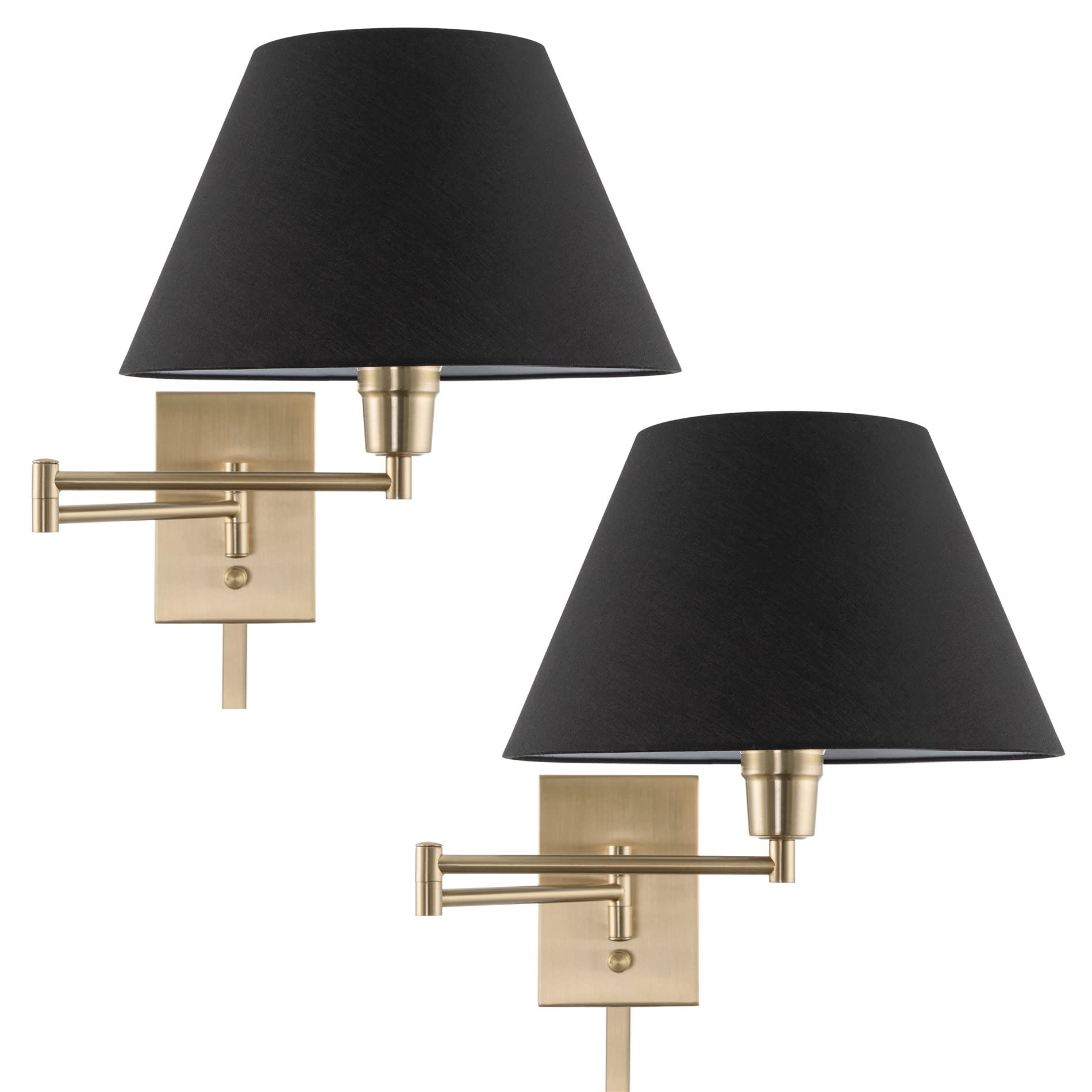 Kira Home Cambridge 15in Modern Swing Arm Wall Lamp, Metal, Cool Brass Finish, Black Fabric Shade, 2-Pack, Model RV-W7489-CB-BK-S2