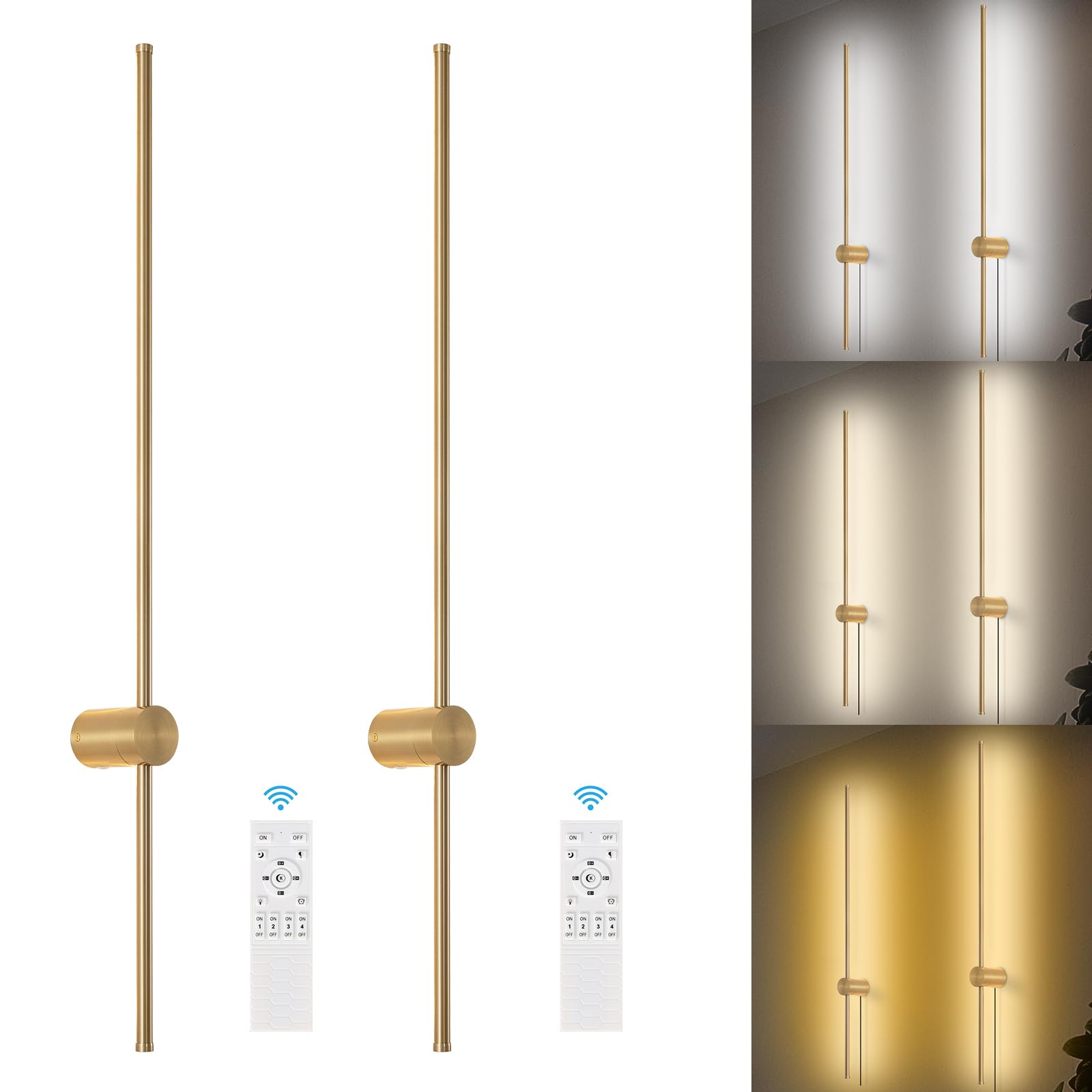 KELUOLY Dimmable Wall Sconce Set of 2, 39.37" LED Light, Gold, Remote Control, Adjustable Brightness for Living Room & Bedroom