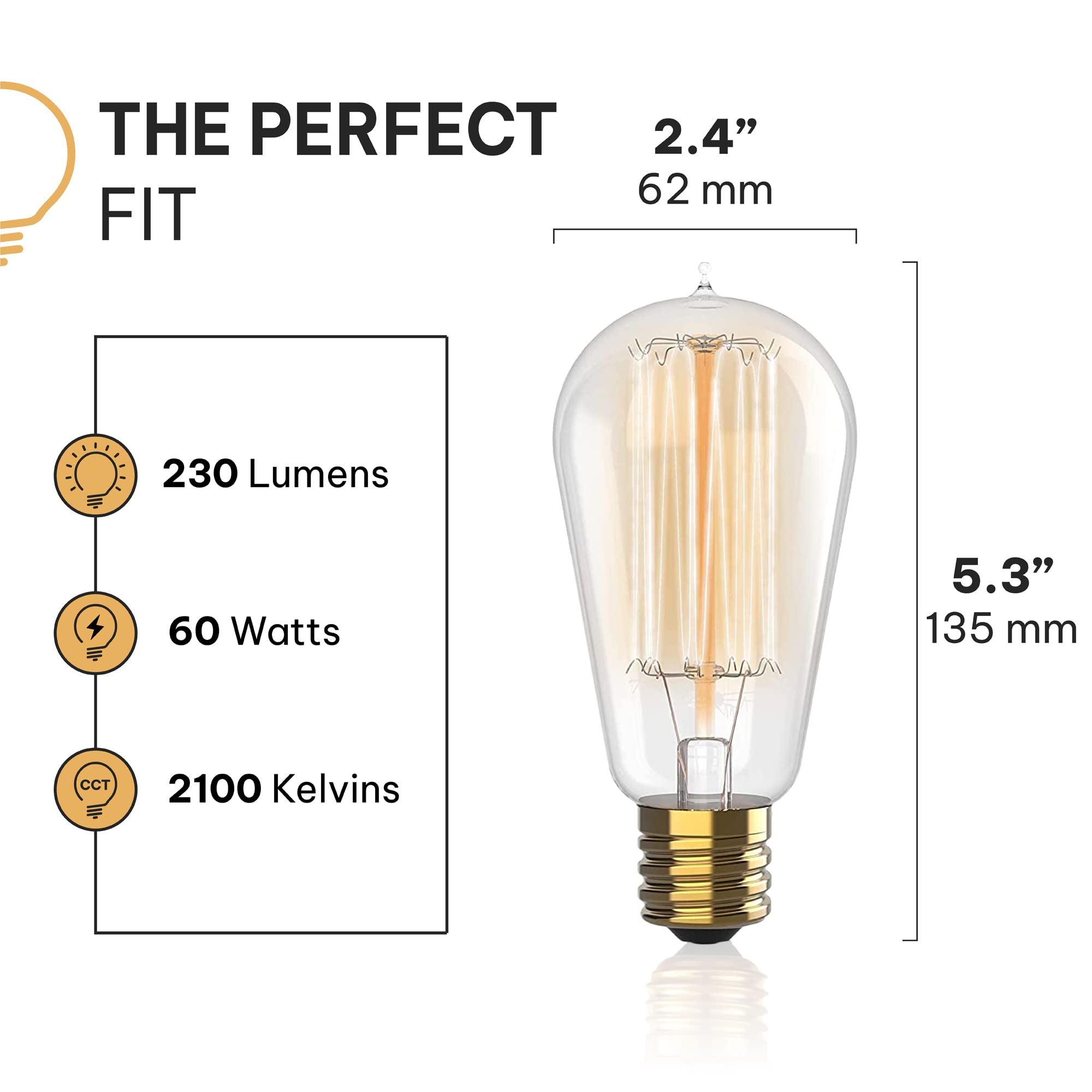 Vintage Incandescent Edison Light Bulbs 60W (6 Pack)- E26/E27 Base 2100K Dimmable Decorative Lightbulbs - St58 Style Warm Light