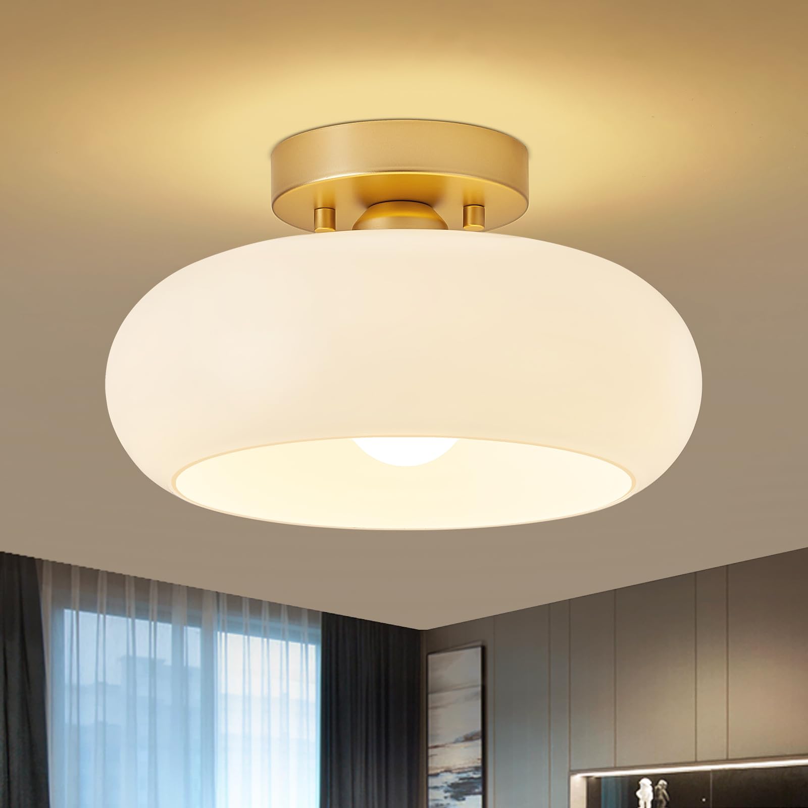 WOKNOS Mid-Century Modern Gold Semi Flush Mount Ceiling Light, Kitchen Ceiling Light Fixture with Glass Shade, Vintage White Clo