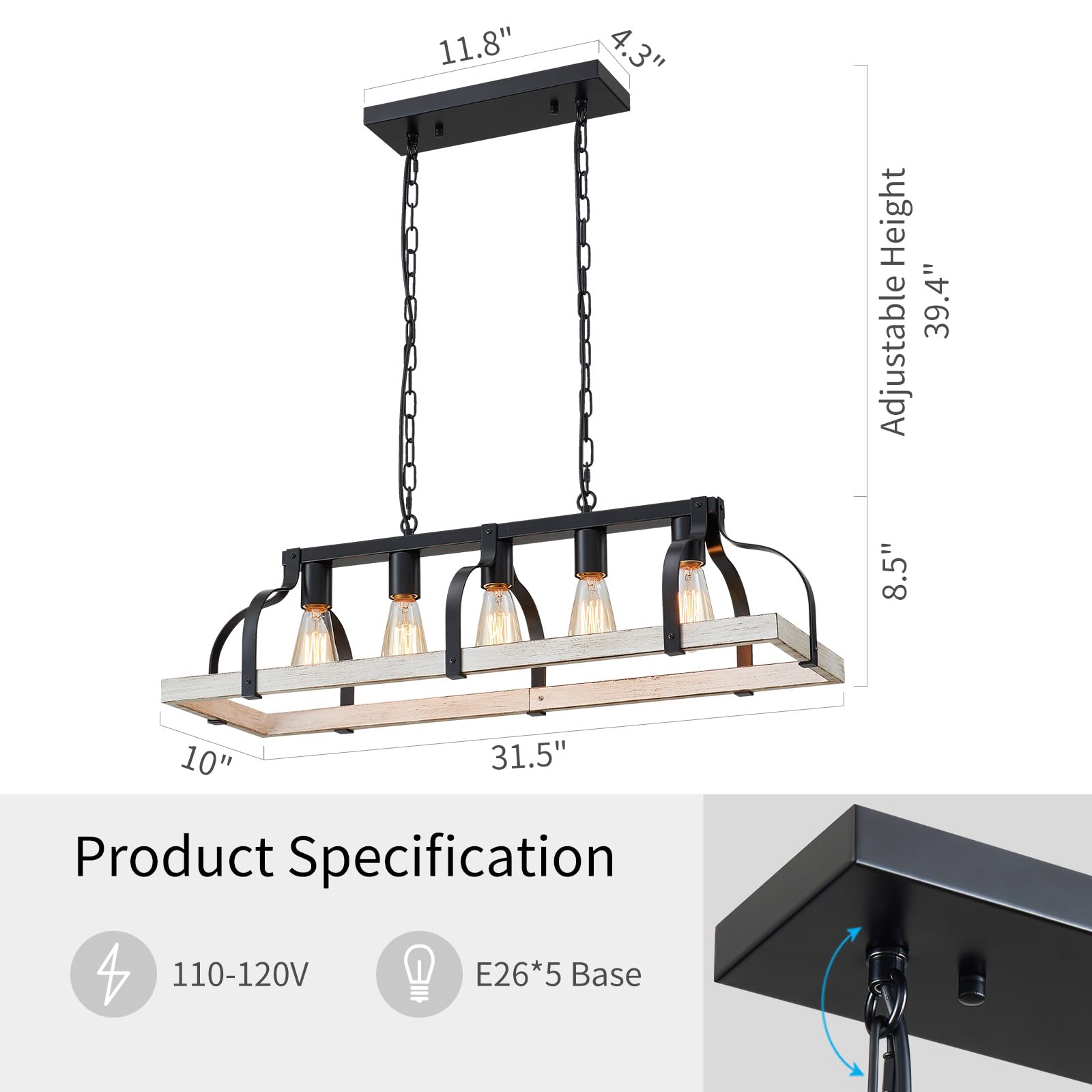 WUZUPS 5-Light Chandelier, Rustic Farmhouse Pendant, 31.5"L x 10"W, Antique Wood Grain & Black, Model CAHD90000SP-BW