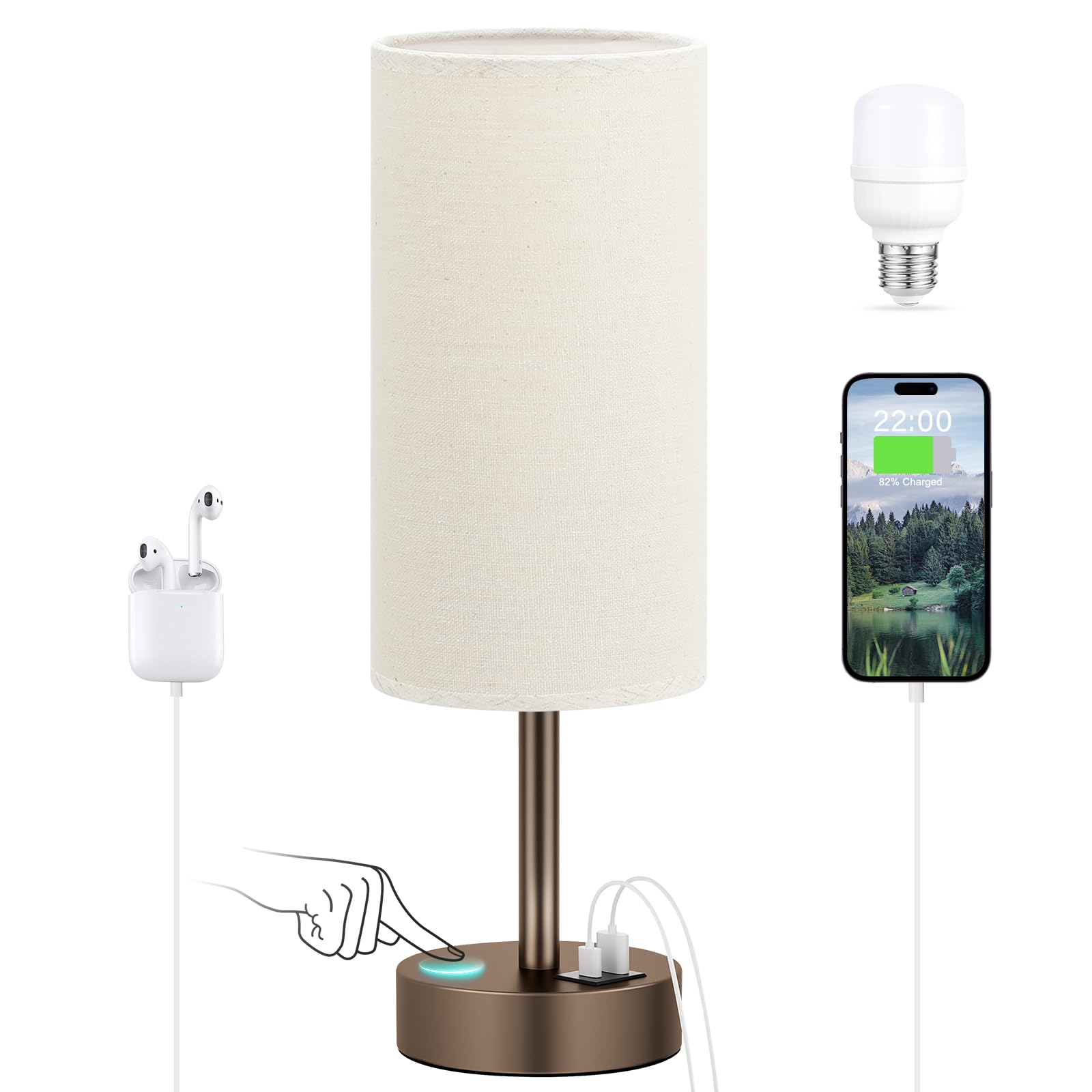 Beige Touch Table Lamp for Bedroom - 3 Way Dimmable Bedside Lamp with USB, Nightstand Lamp with Brown Charging Station for Desk,