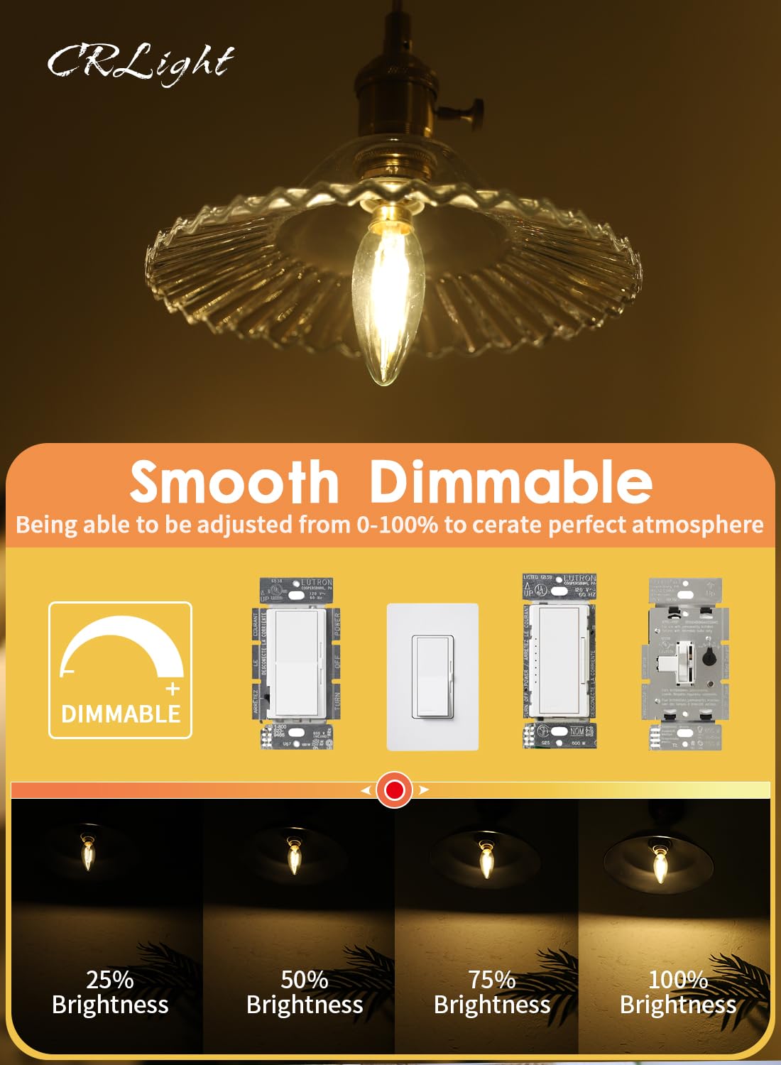 CRLight LED Candelabra Bulb 2W 250LM Warm White 2700K E12 Dimmable Glass B10 6 Pack