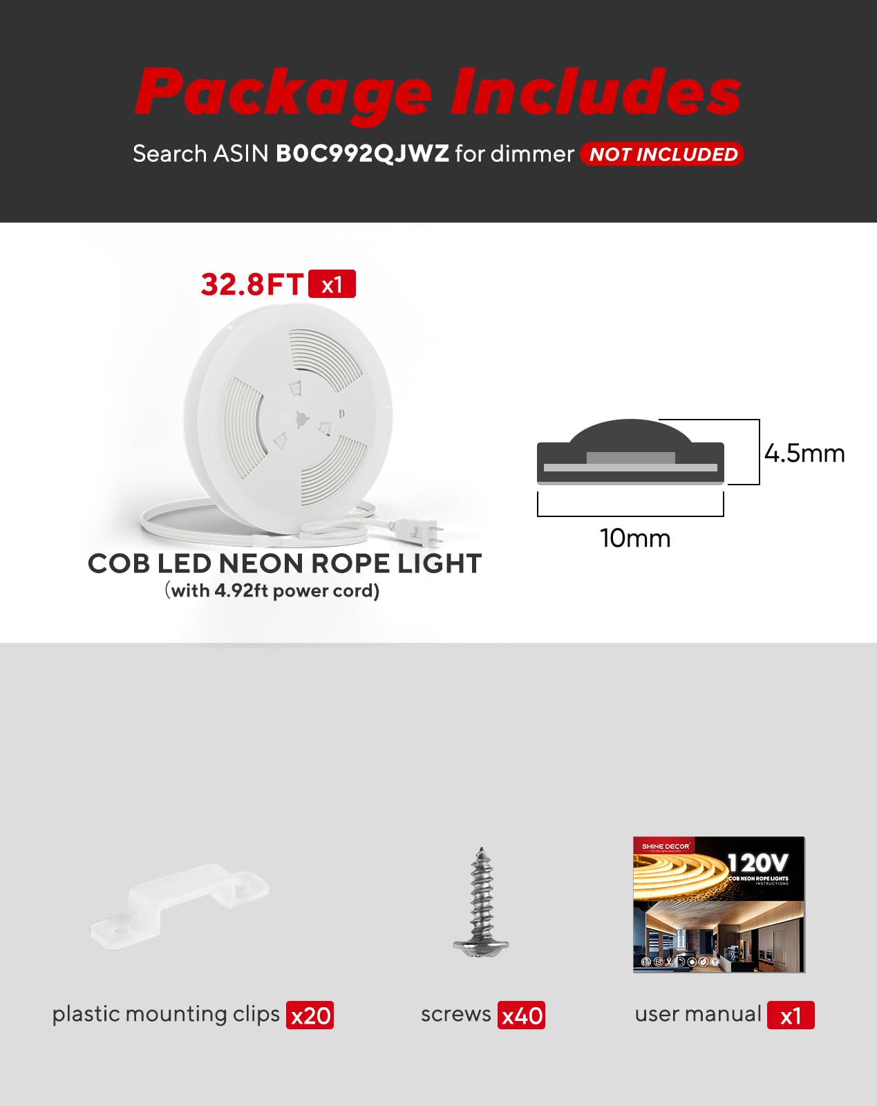 Shine Decor Cob Led Rope Light Ac 120V  800Lm Ultra Bright  Ip65 Waterproof Cold-Resistant Etl Neon Strip  No Driver Tape Lighting For Home Commercial 10X4.5Mm  2800K Warm White  32.8Ft