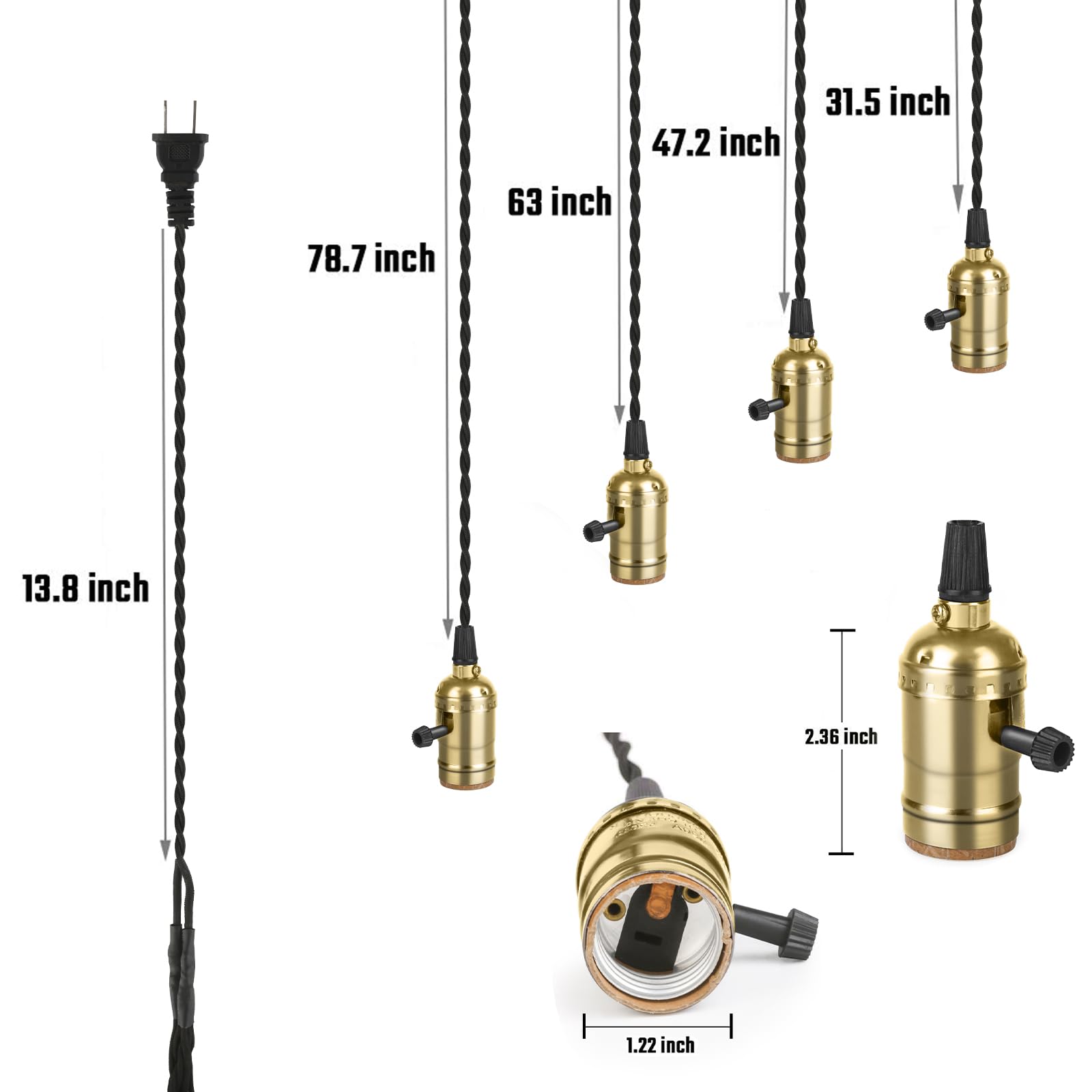 Aokpsrt Vintage Plug-in Pendant Light, 4 Hanging Sockets, Metal, Gold, 19.5 ft Cord, Individual Switches, Model wyq-4Hanging Light-gold