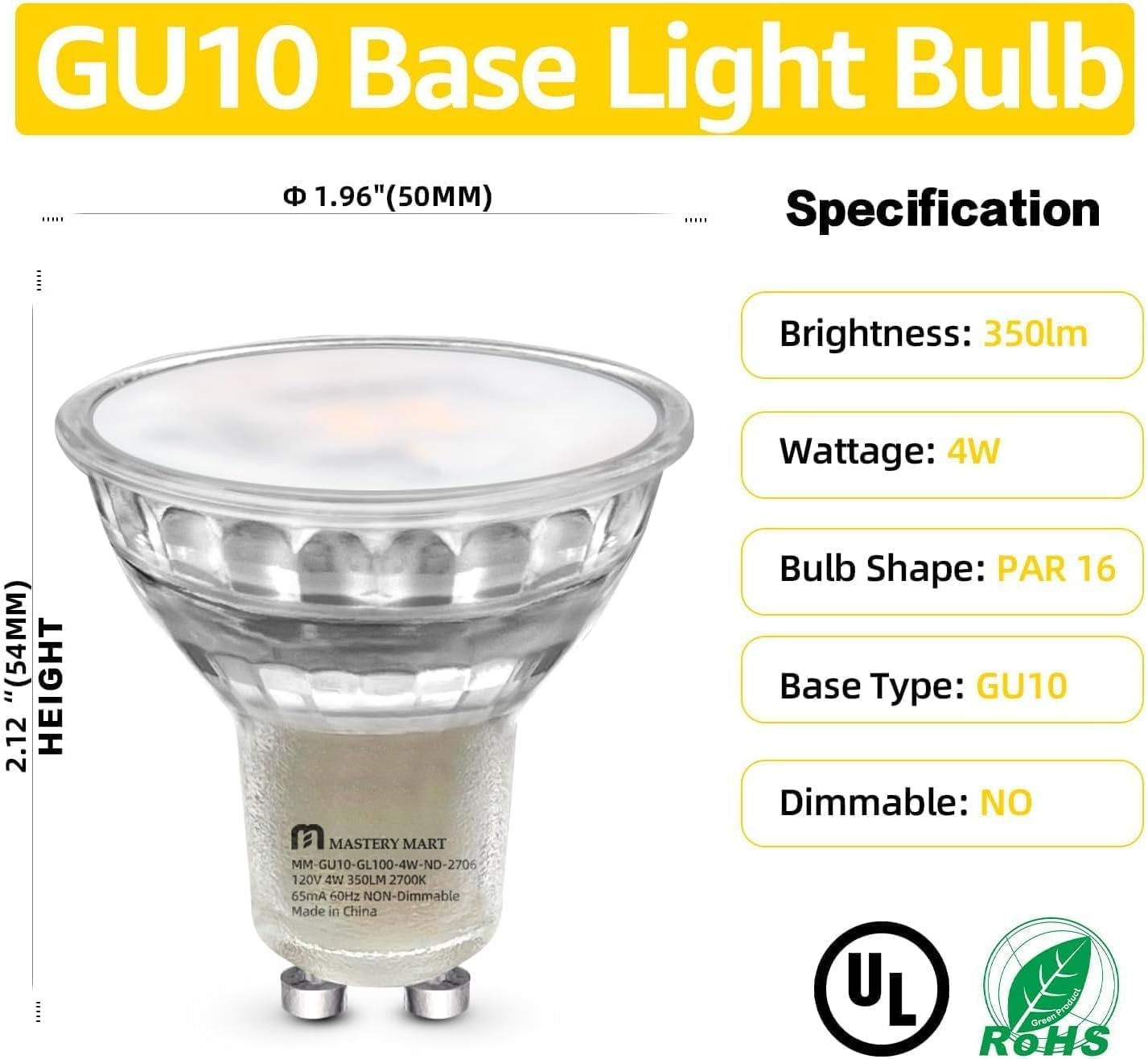 Mastery Mart 16 Pack Non-Dimmable Gu10 Led Light Bulbs, 4W Bright 2700K Soft White 50W Halogen Equivalent, 350Lm Energy Saver Fo