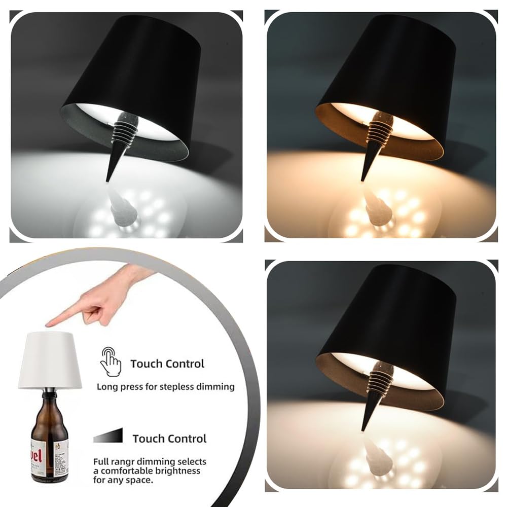 Uwsfarv Wireless Bottle Lamp, Wine Bottle Lamp Shade 3 Color Temperature Rechargeable Bottle Lights For Liquor Bottles, Wireless Table Lamp Cork For Bedroom, Restaurant & Bar, (White)