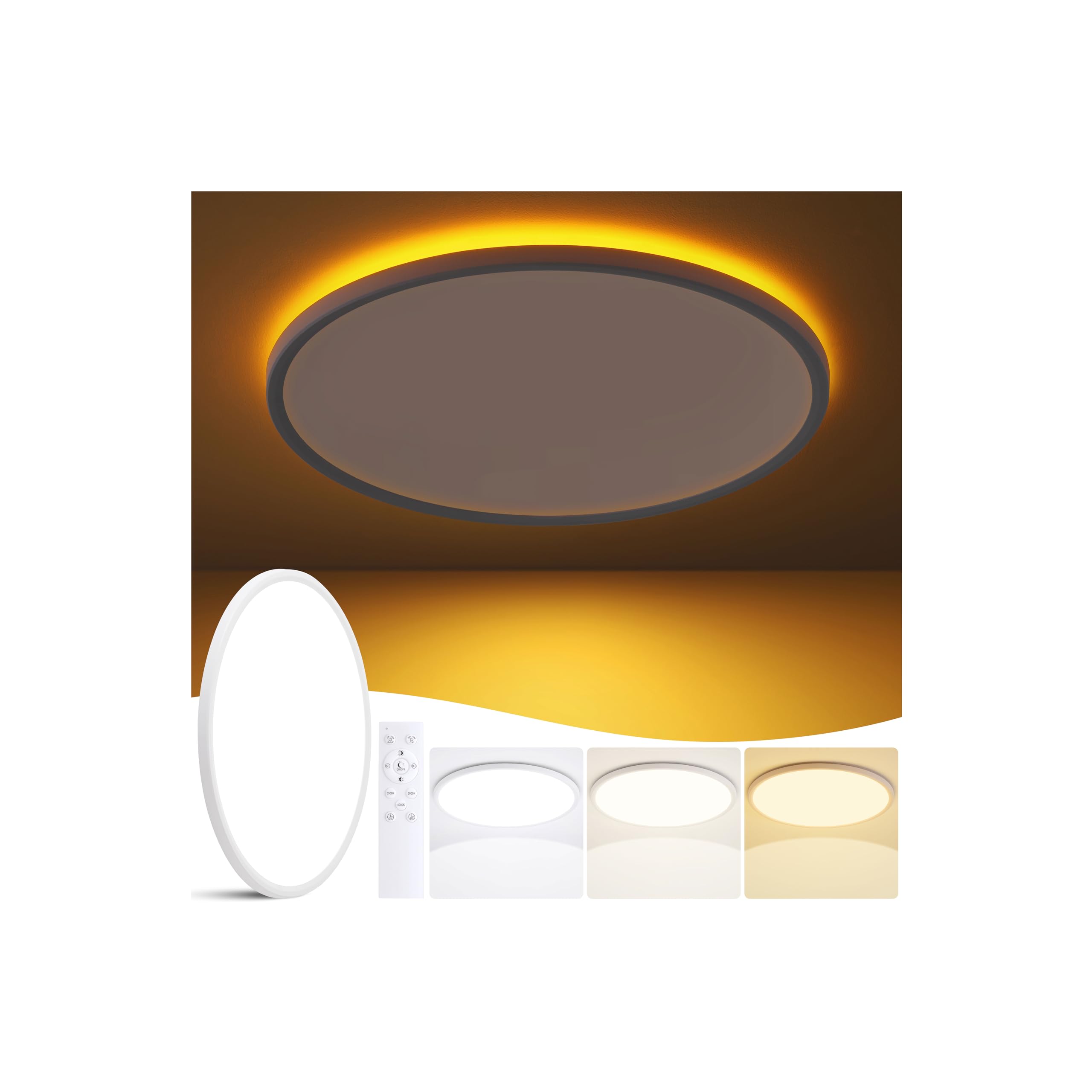 KIWIVIC 15 Inch LED Ceiling Light Fixture, Dimmable, 36W 3600LM, Remote Control, Slim Design, White, Model LT0160-T3-T01