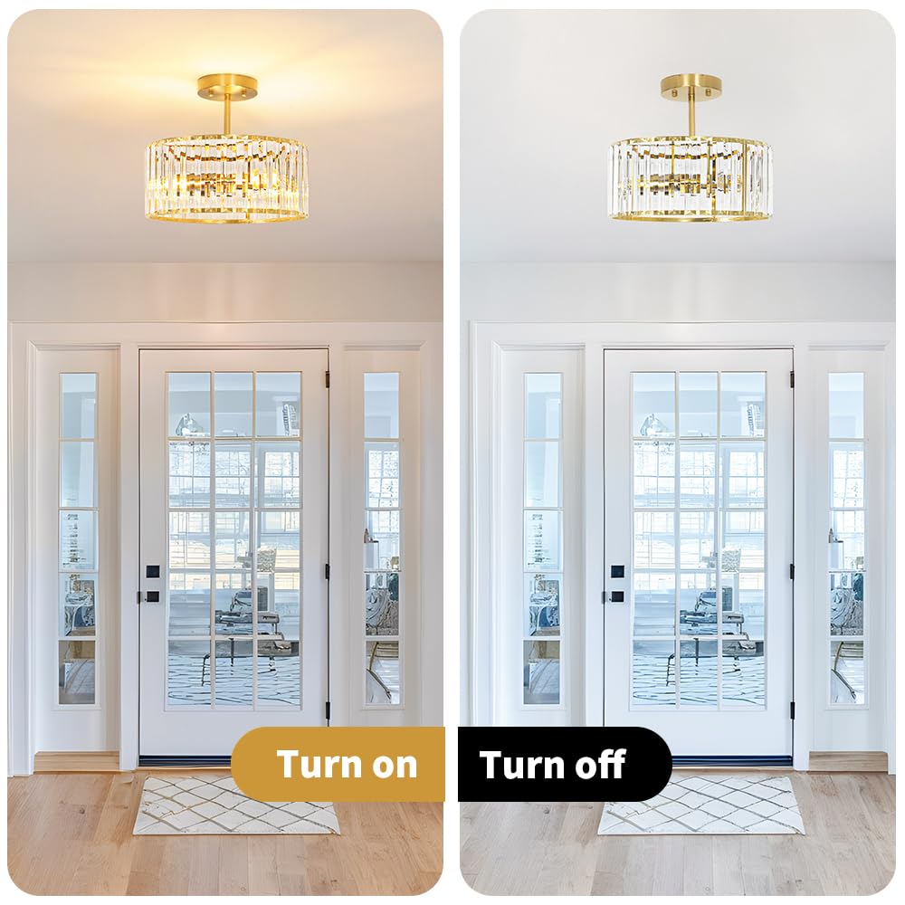 Lxybcce Modern Crystal Ceiling Light  Brushed Gold Semi Flush Mount Ceiling Lighting Fixture  Brass Hallway Light Fixtures Chandelier For Kitchen  Bedroom Dining Room Hallway Closet  3-Light  12 Inch