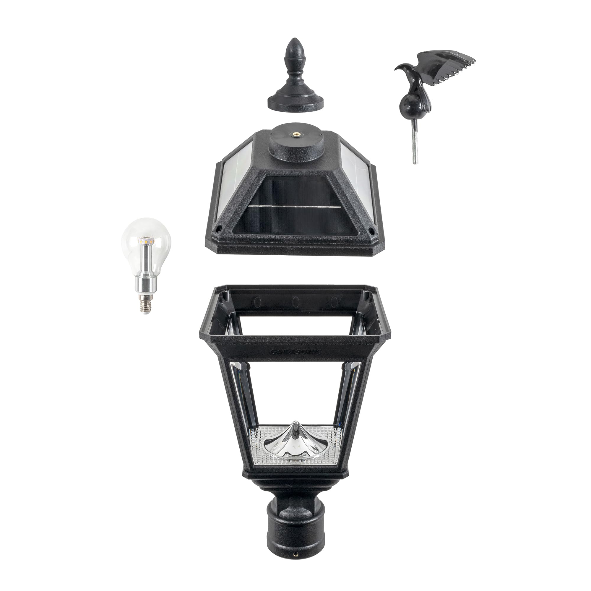 Gama Sonic Imperial Ii Outdoor Post Light, 2700K Warm White, Black Resin, Clear Lens, 3 Fitter, Model 96B50012