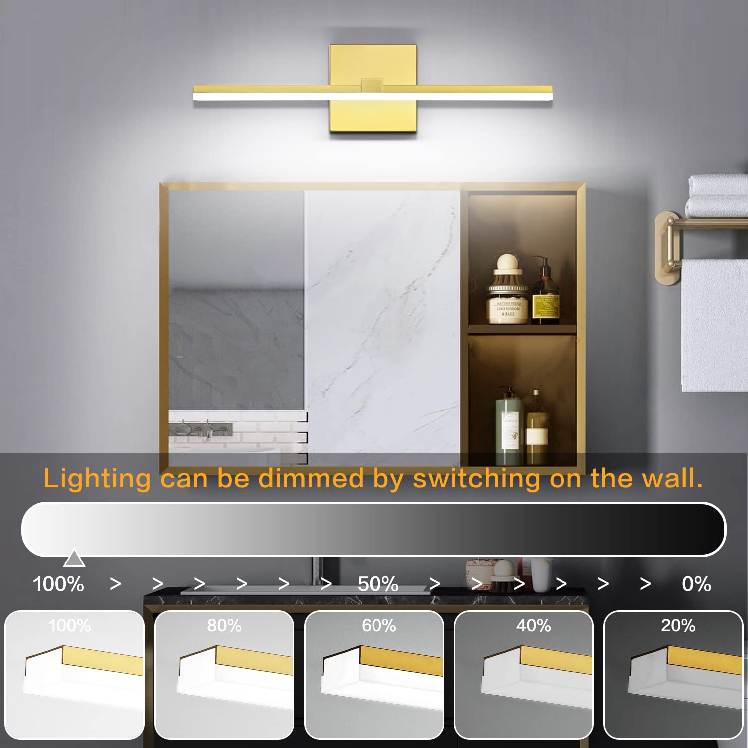 ZUZITO Dimmable LED Vanity Light Bar Over Mirror, 18 Inch, Gold Finished Aluminum with Frosted White Acrylic Shade, Model Z9650-450mm-Gold