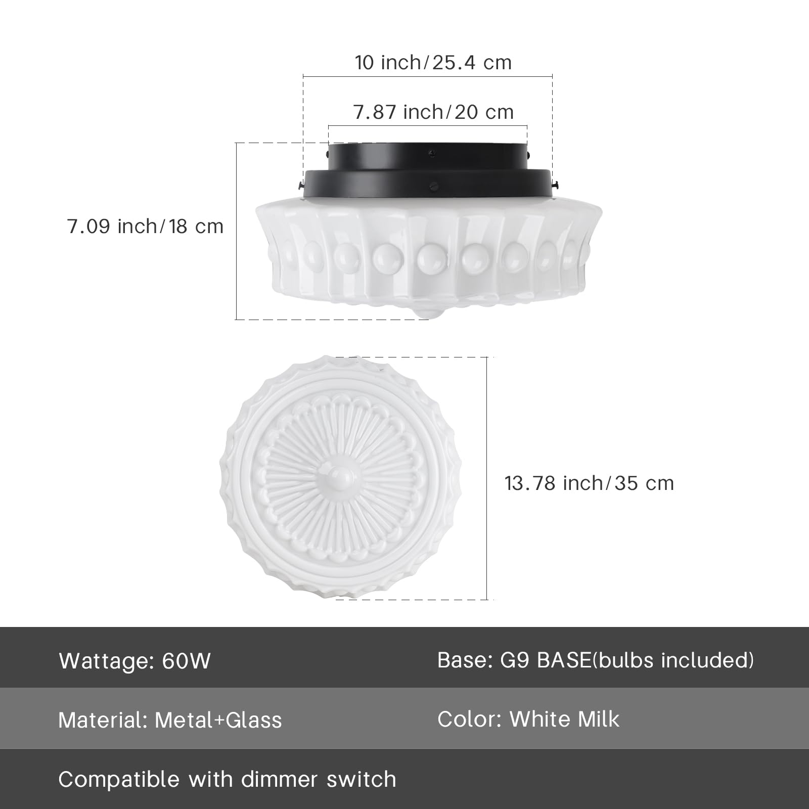 Clarsyne White Milk Glass Ceiling Light Fixture, 13.8'' Flush Mount Lighting For Bedroom, Hallway, Kitchen & Dining Room, Vintag