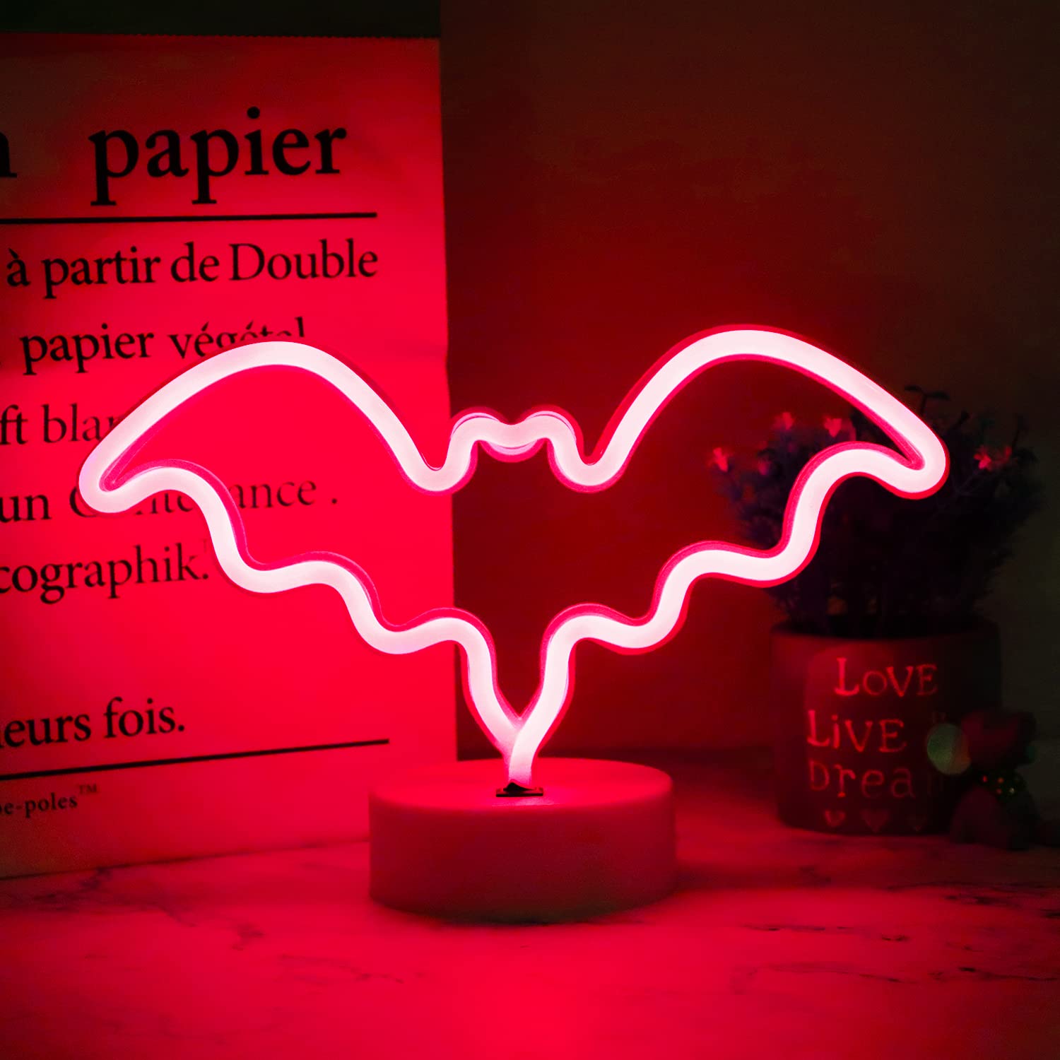 Vicila Led Neon Bat Lights Halloween Decorations, Bat Shape Neon Signs Night Lights Battery Operated Desk Table Lamp Gothic Decor For Bedroom, Bar, Wall-Bat With Holder Base(Red)