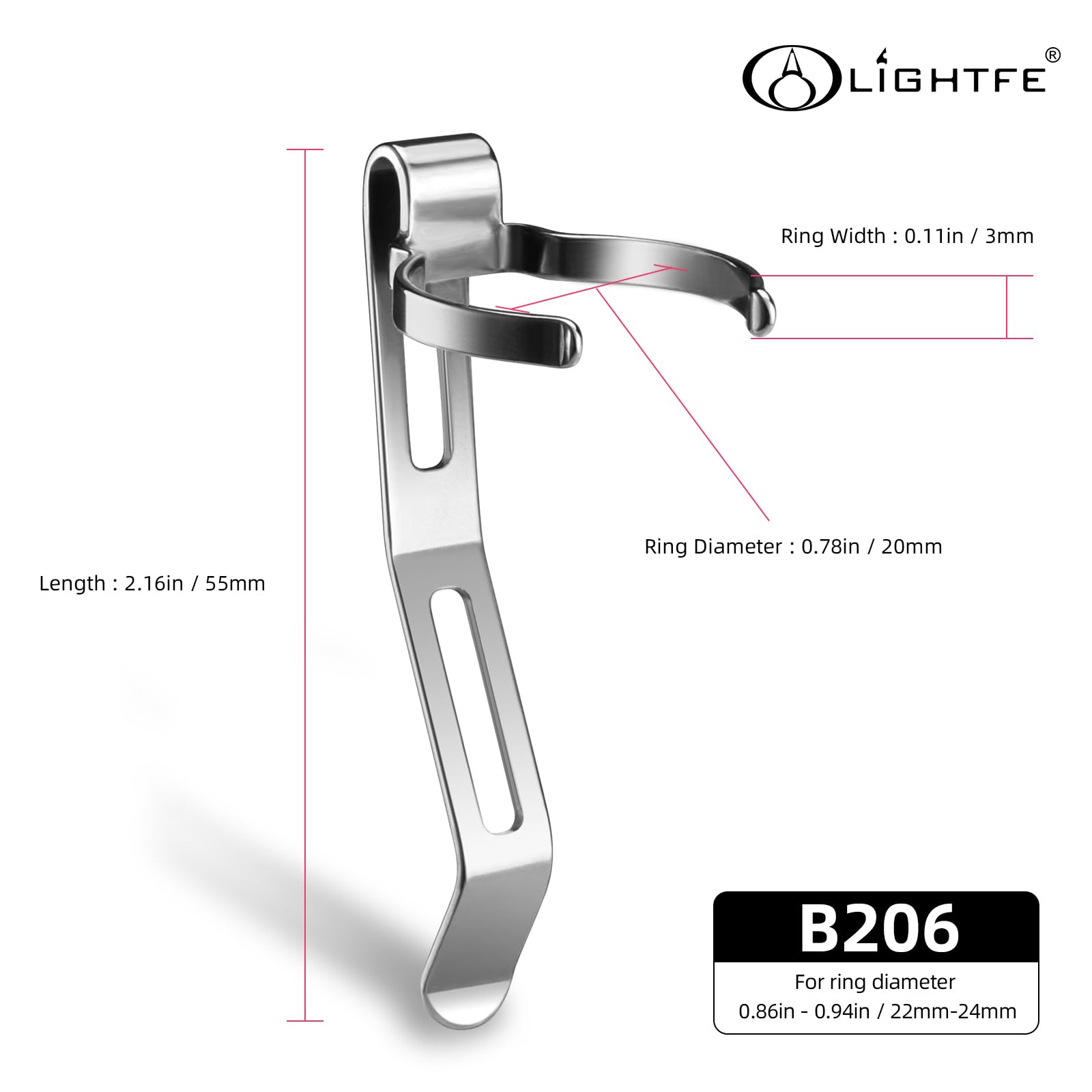 LIGHTFE B206 Flashlight Clip - Stainless Steel, 55mm×3mm×20mm, for 22-24mm Diameter, Hat/Pocket/Bag Accessory