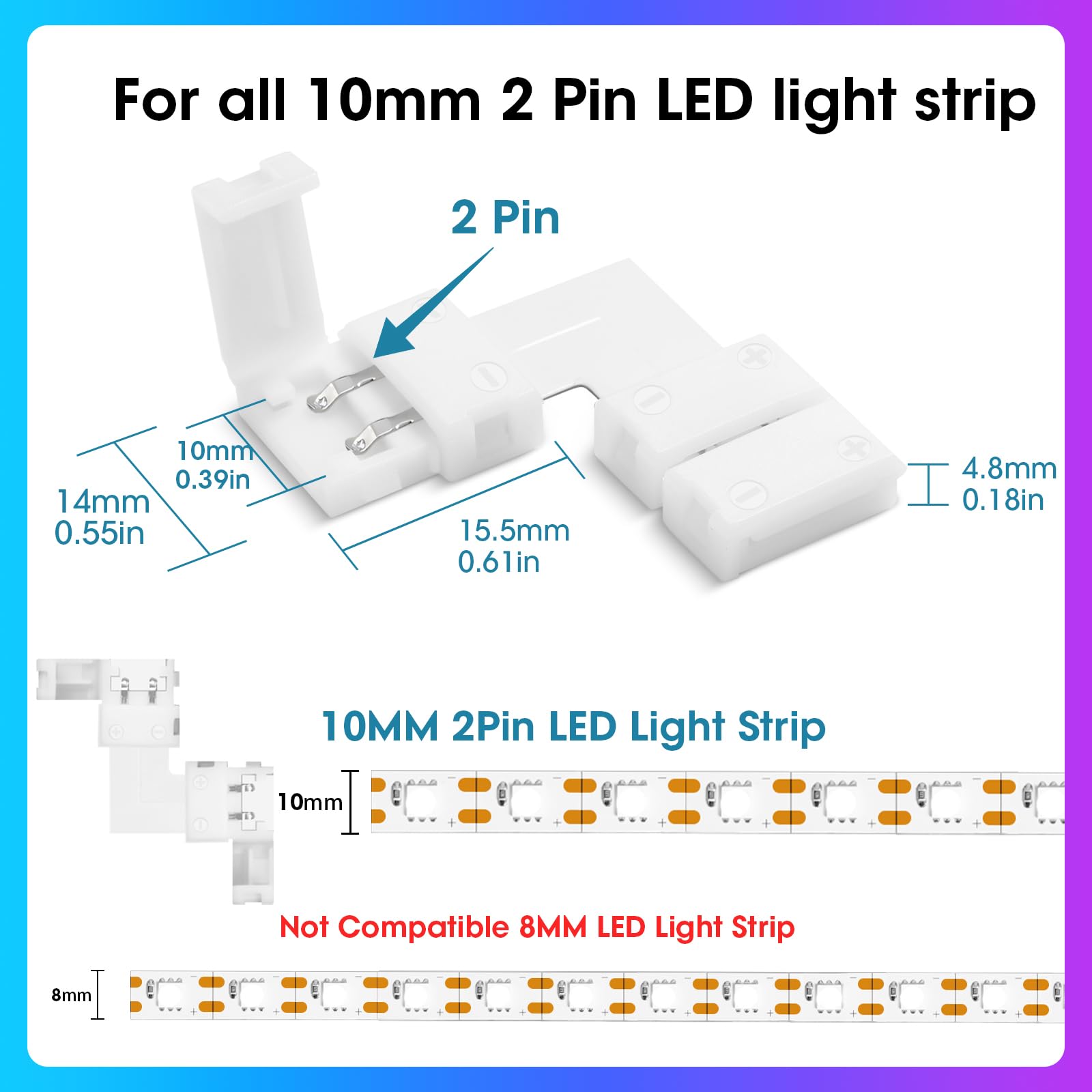 Wenhsin 10-Packs L Shape 2-Pin Led Connectors For Led Strip Lights 10Mm Width Unwired Gapless Solderless Adapter Extension
