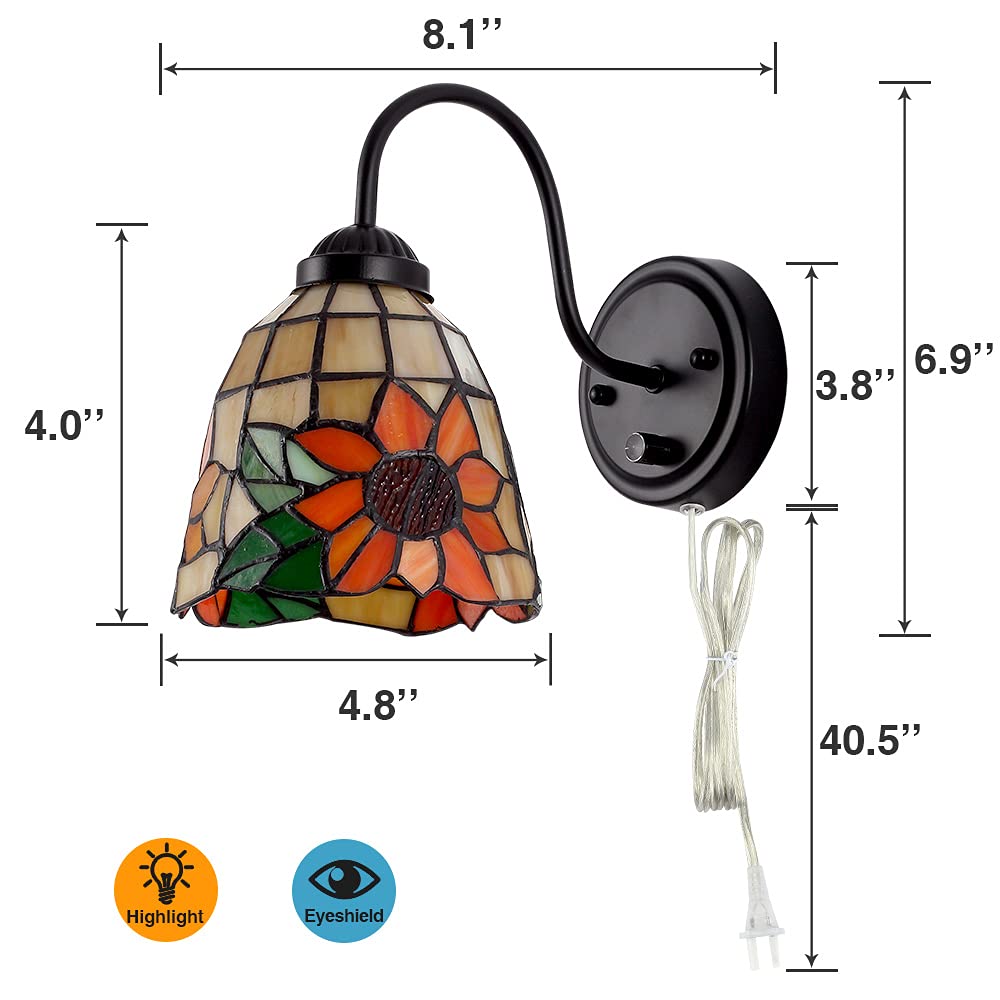 DENGMALL Tiffany Wall Mount Lamp - Dimmable Gooseneck Sconce with Flowers Stained Glass Shade for Bedroom & Living Room