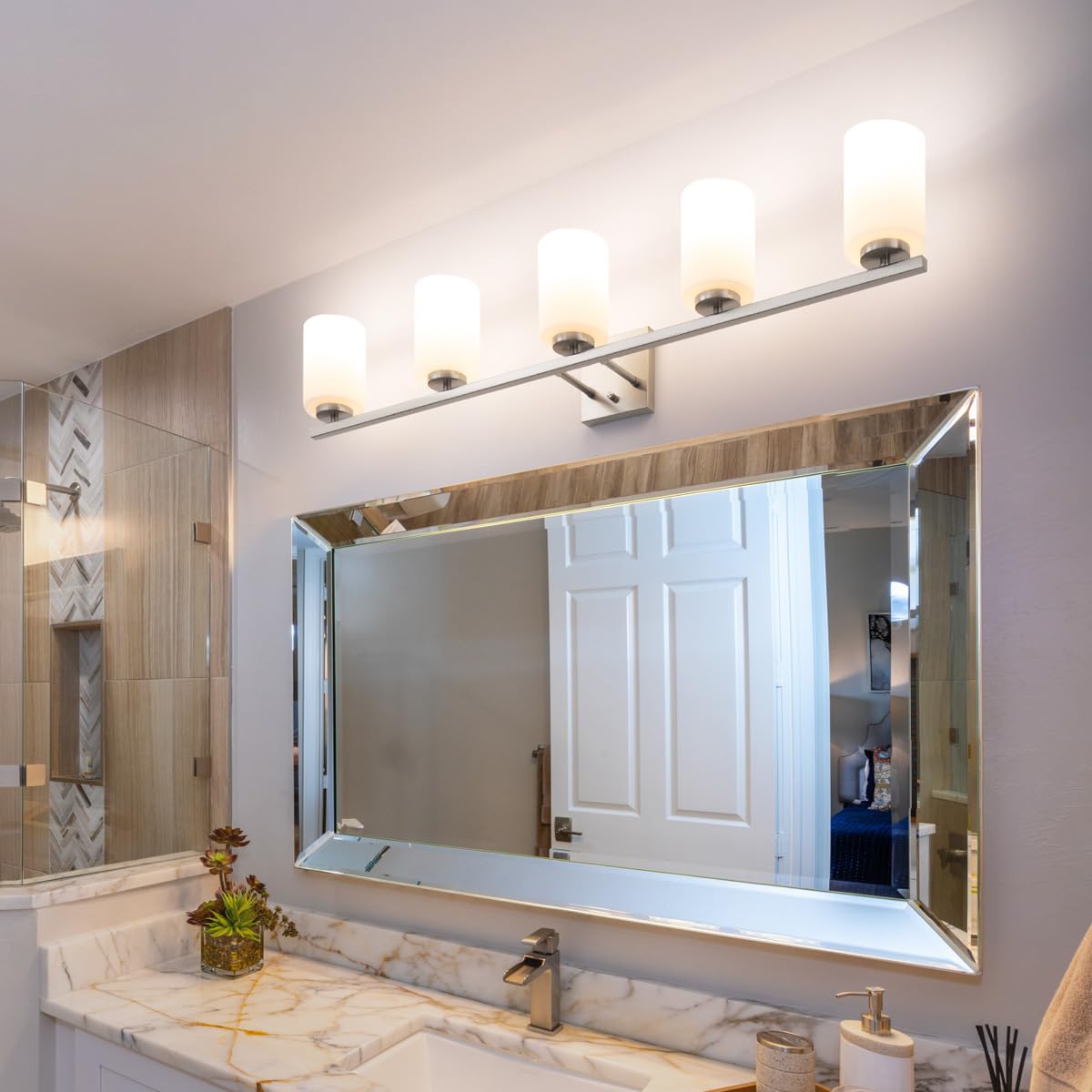 Mirrea 42" 5-Light Modern Bathroom Vanity Light, Brushed Nickel, Etched Glass Shades