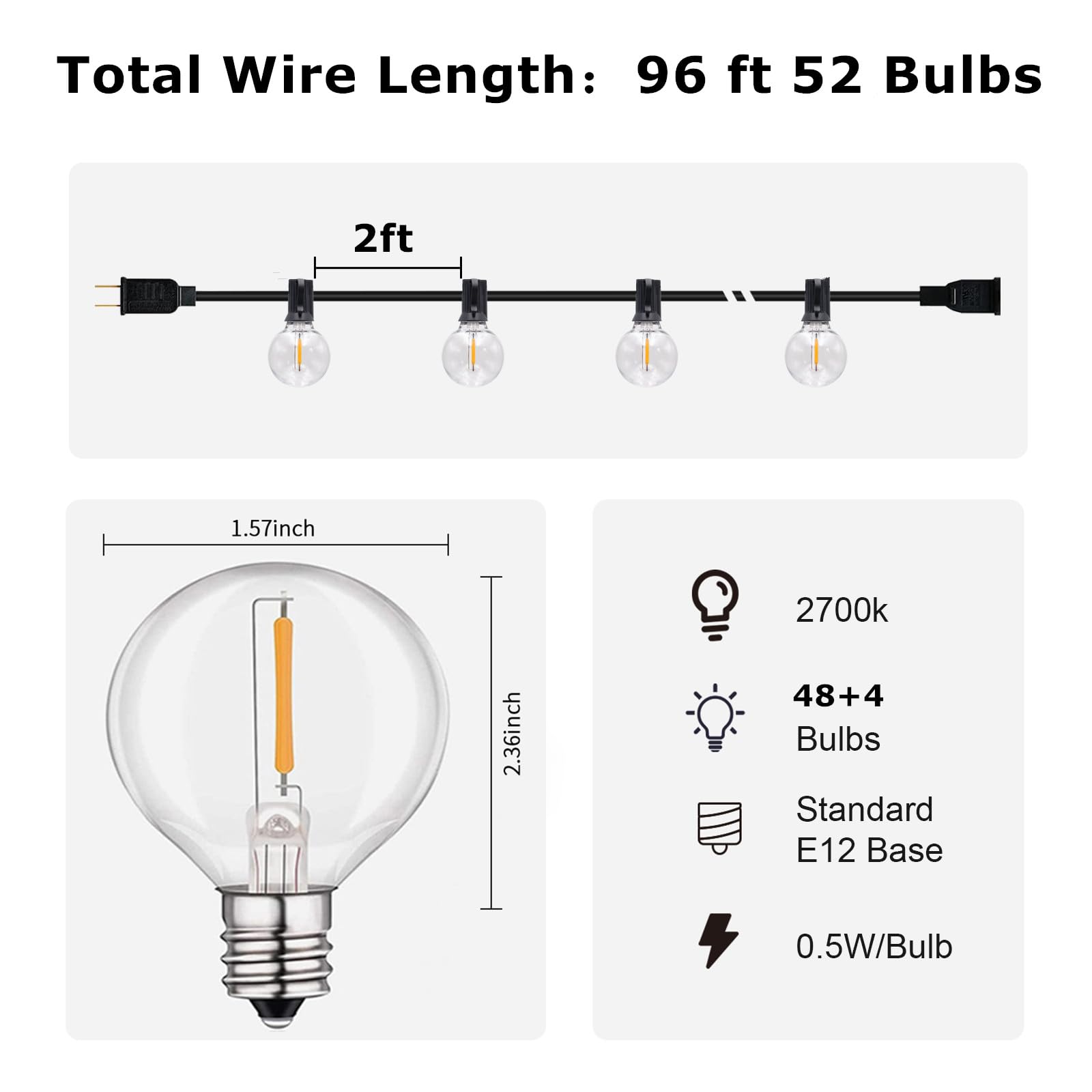 HISTAR Outdoor String Lights 96ft with 52 Warm White G40 LED Bulbs, Waterproof Patio Decor for Yard, Porch, Deck, and Balcony