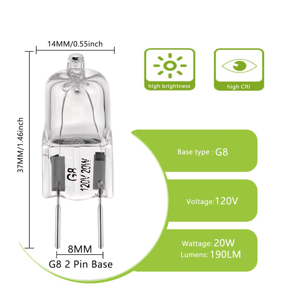 Bogao G8 Halogen Light Bulbs 20W 120V, 12-Pack, Glass, Warm White, 1-3/8 Length, Ideal For Under Cabinet Puck