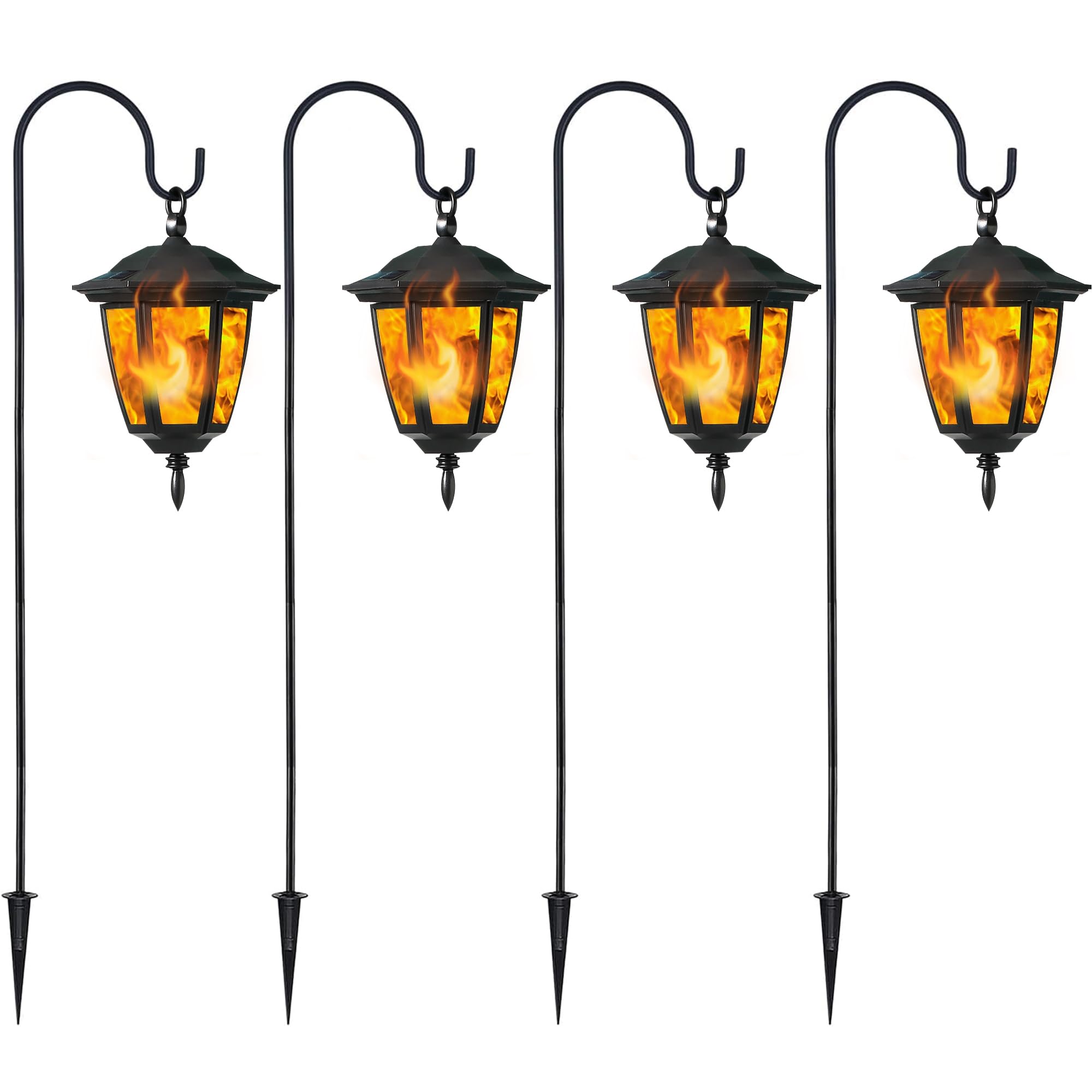 Dynaming 4 Pack Solar Flame Hanging Lights Outdoor, Solar Flickering Flame LED Garden Lanterns with 4 x 38 Inch Shepherd Hooks, 