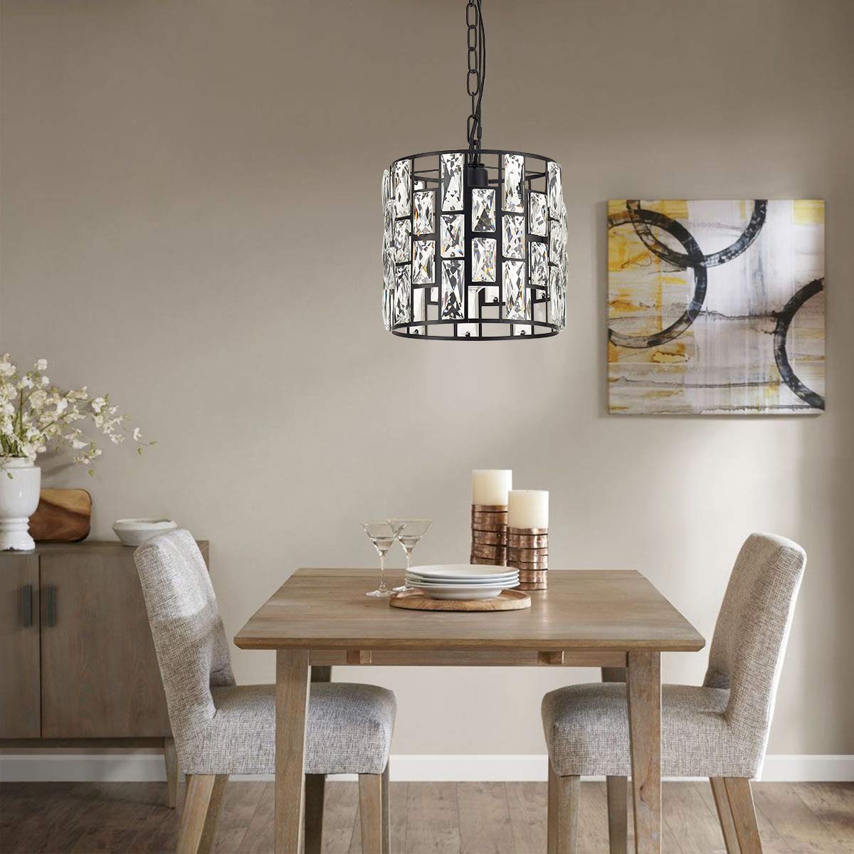 YLONG-ZS Crystal Pendant Light, Plug-in with 16.4 FT Cord, Metal, Black, Model YL20-Black for Kitchen, Living Room, Dining Room