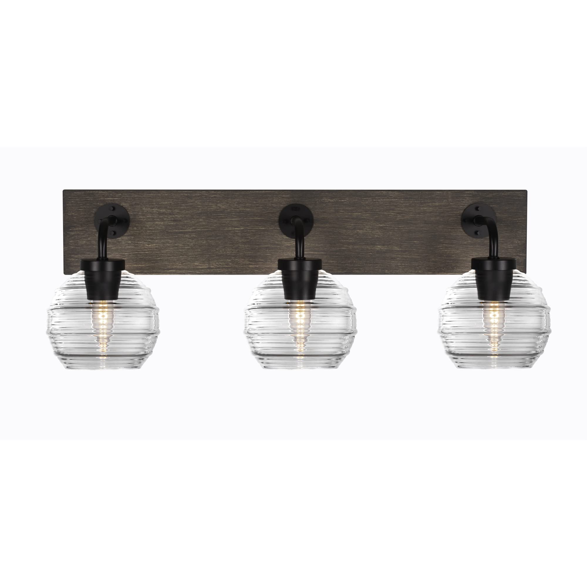 Oxbridge 3 Light Bath Bar In Matte Black & Painted Distressed Wood-Look Metal Finish With 6" Clear Ribbed Glass