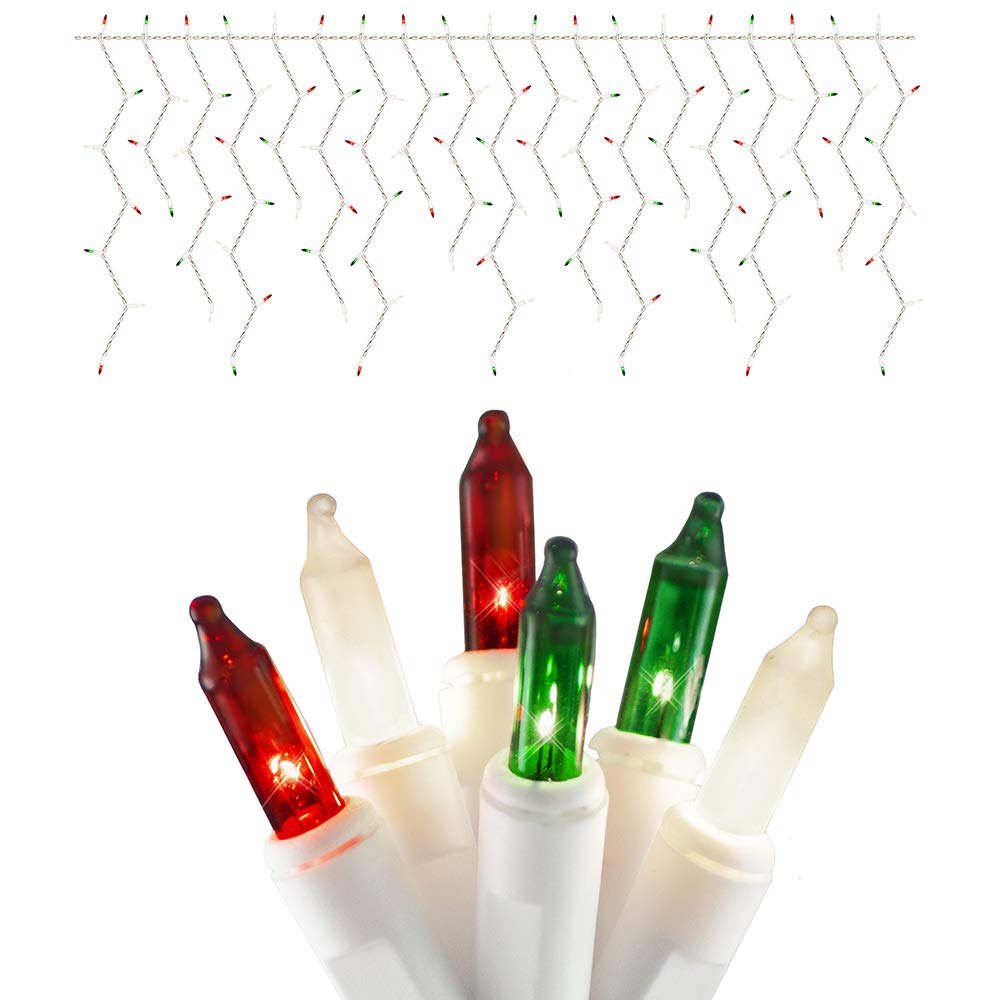 612 Vermont 150 Count Red, Green and White Frosted Mini Christmas Icicle Light Set, Indoor Outdoor Use, Incandescent Lights, Lighted Length 11.5 Foot, Total Length 12.5 Foot, 27 Drops