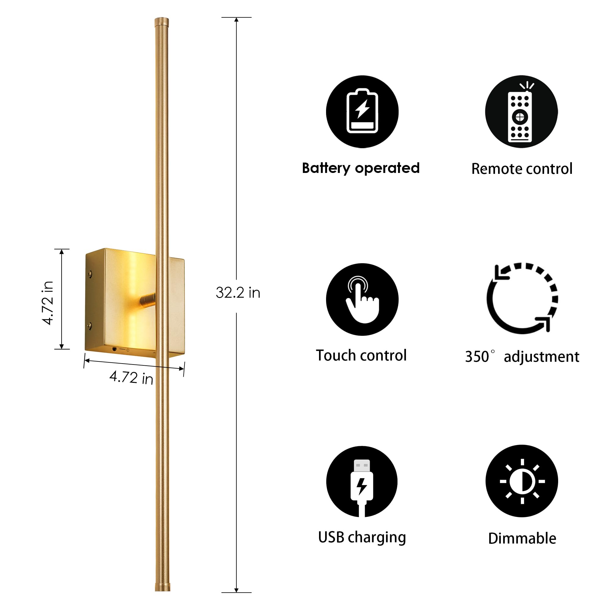 KARTOOSH Dimmable Battery Operated Wall Sconces Set of 2, 32.2" Gold, 350° Rotate, Remote Control, 3000K LED for Living