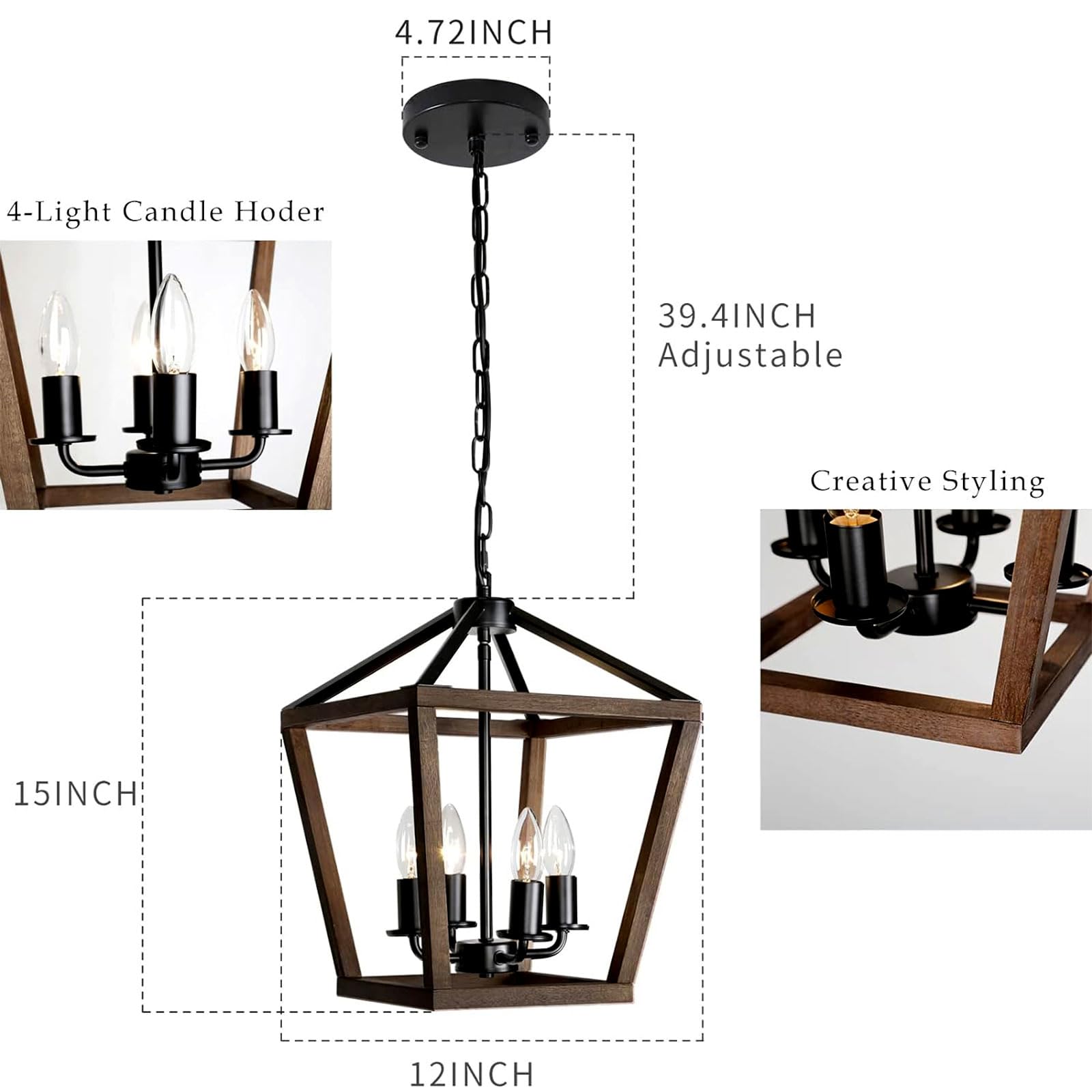 Telafly 4-Light Lantern Pendant Light,Black Wood Cage Farmhouse Chandelier For Kitchen Island,12'' Rustic Metal Geometric Hangin