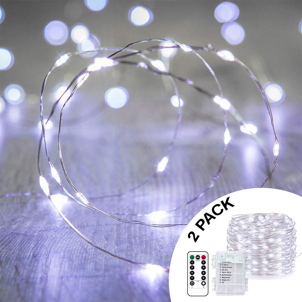ANJAYLIA 2 Pack 33ft 100 LED Fairy Lights Battery Operated String Lights, Waterproof Copper Wire Dimmable Firefly Lights with Remote Control Timer Christmas Lights, White