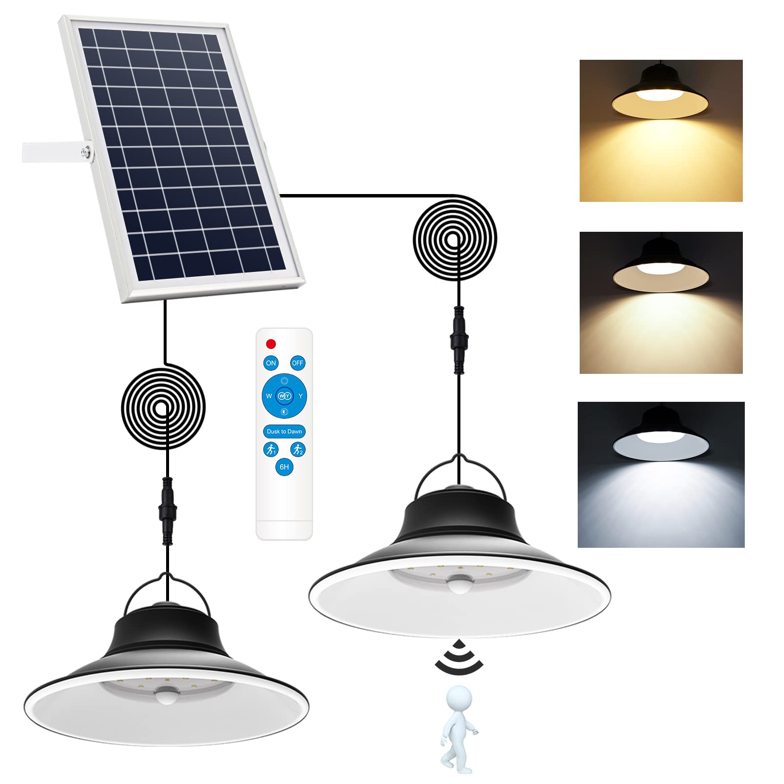 NIORSUN Solar Pendant Light, Motion Sensor, Dimmable, 2-Pack, 3000K/4500K/6000K, Aluminum, IP65 Waterproof, Model LH-TF