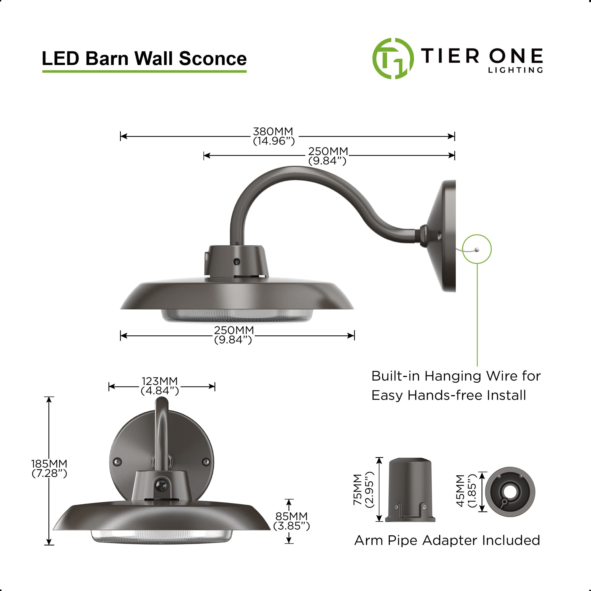 TIERONE 50W LED Gooseneck Barn Light - 10in Dark Bronze, Dusk to Dawn, Wall/Pole Mounted, UL Listed, 5000LM, Model LMS-E