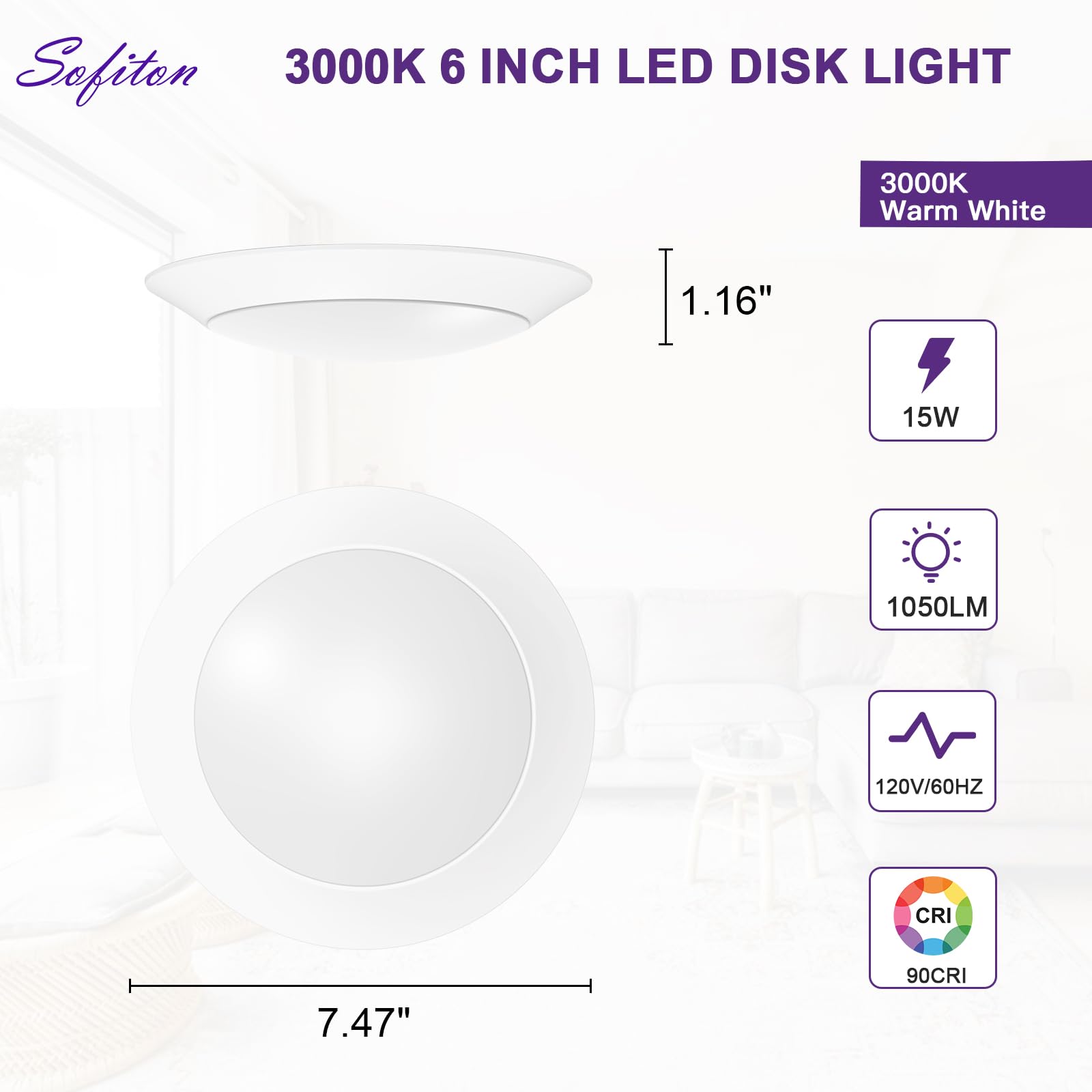 Sofiton Led Disk Lights 6 Inch, 15W Surface Mount Led Ceiling Light 1050Lm, 3000K, 120V, Dimmable, Cri90+, Flush Mount Disc For
