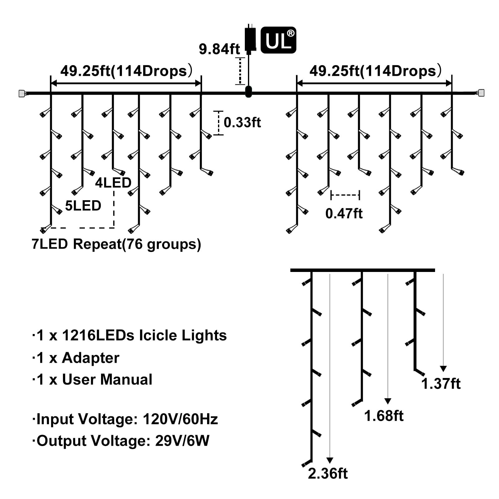 99Ft Blue And White Christmas Lights  1216 Led Icicle Lights For Outside House Clear Wire Twinkle Light With 8 Modes Timer Waterproof For Window Party Tree Holiday Patio Yard Home Decor
