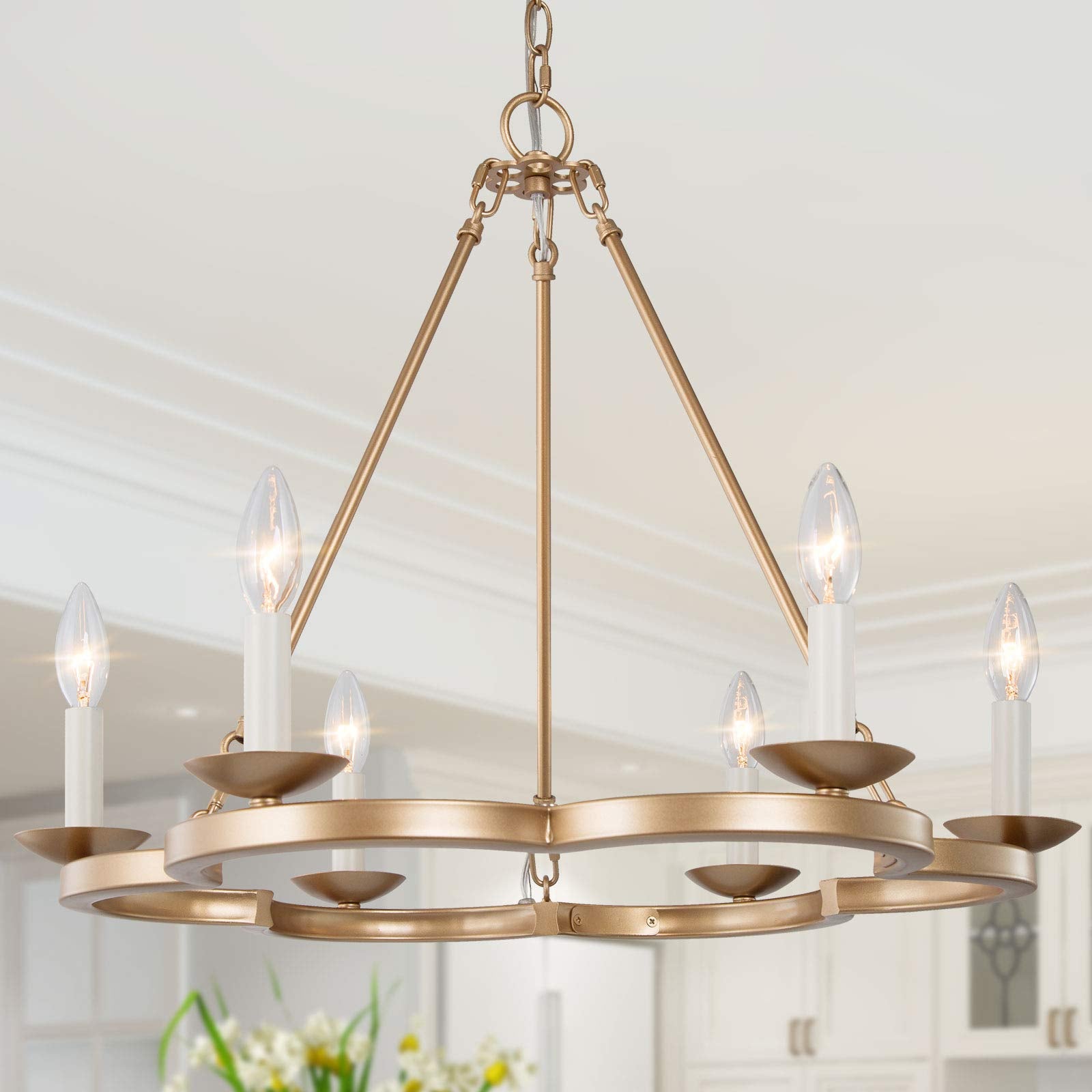 LOG BARN Modern Farmhouse Chandelier, Gold Wagon Wheel Chandelier, Large Chandeliers for Dining Room, Living Room & Bedroom, 6-L