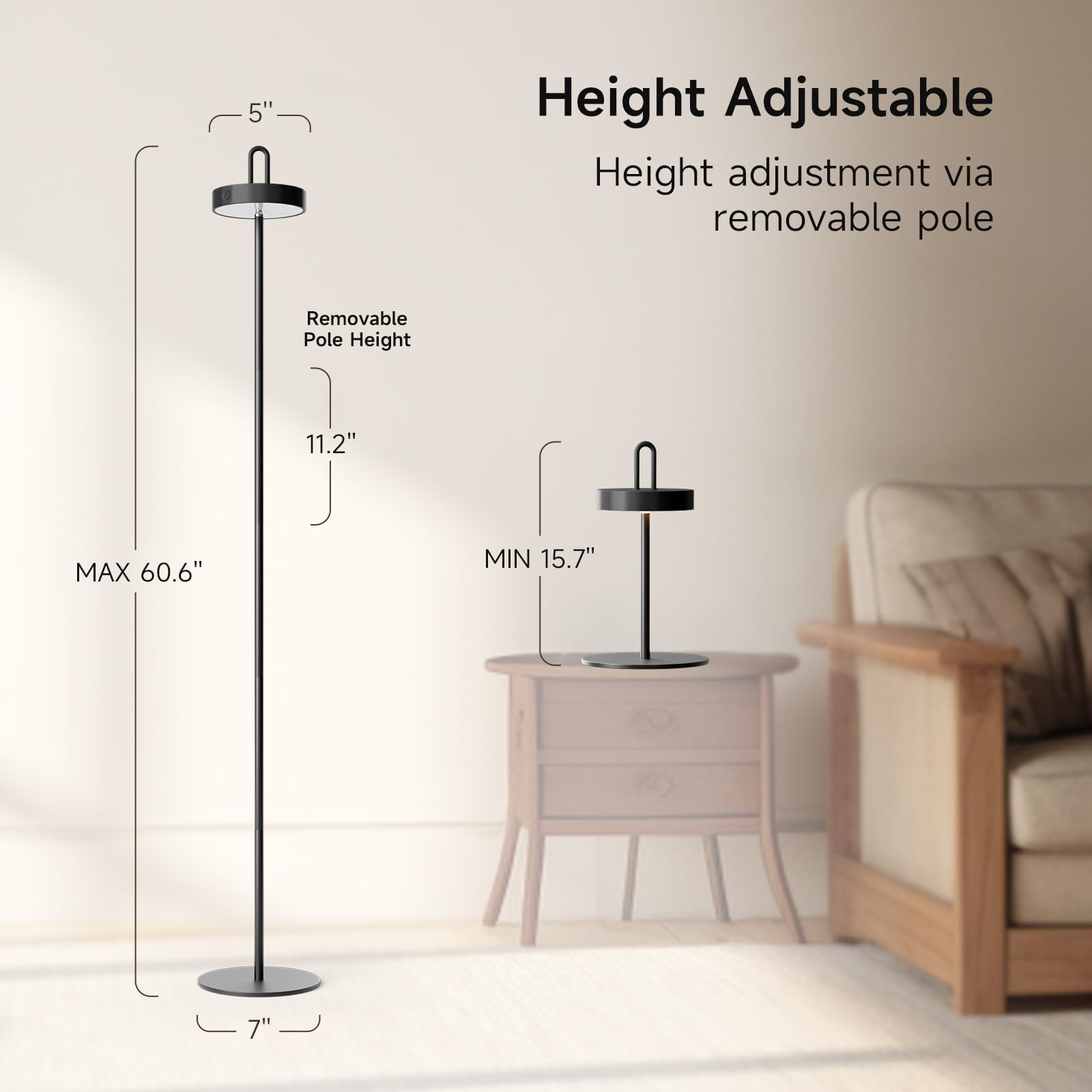 OGACFO Cordless Floor Lamp - Rechargeable LED, Touch Control, 3 Color Dimmable, Waterproof, Portable, Black, Model YYLDD002BK
