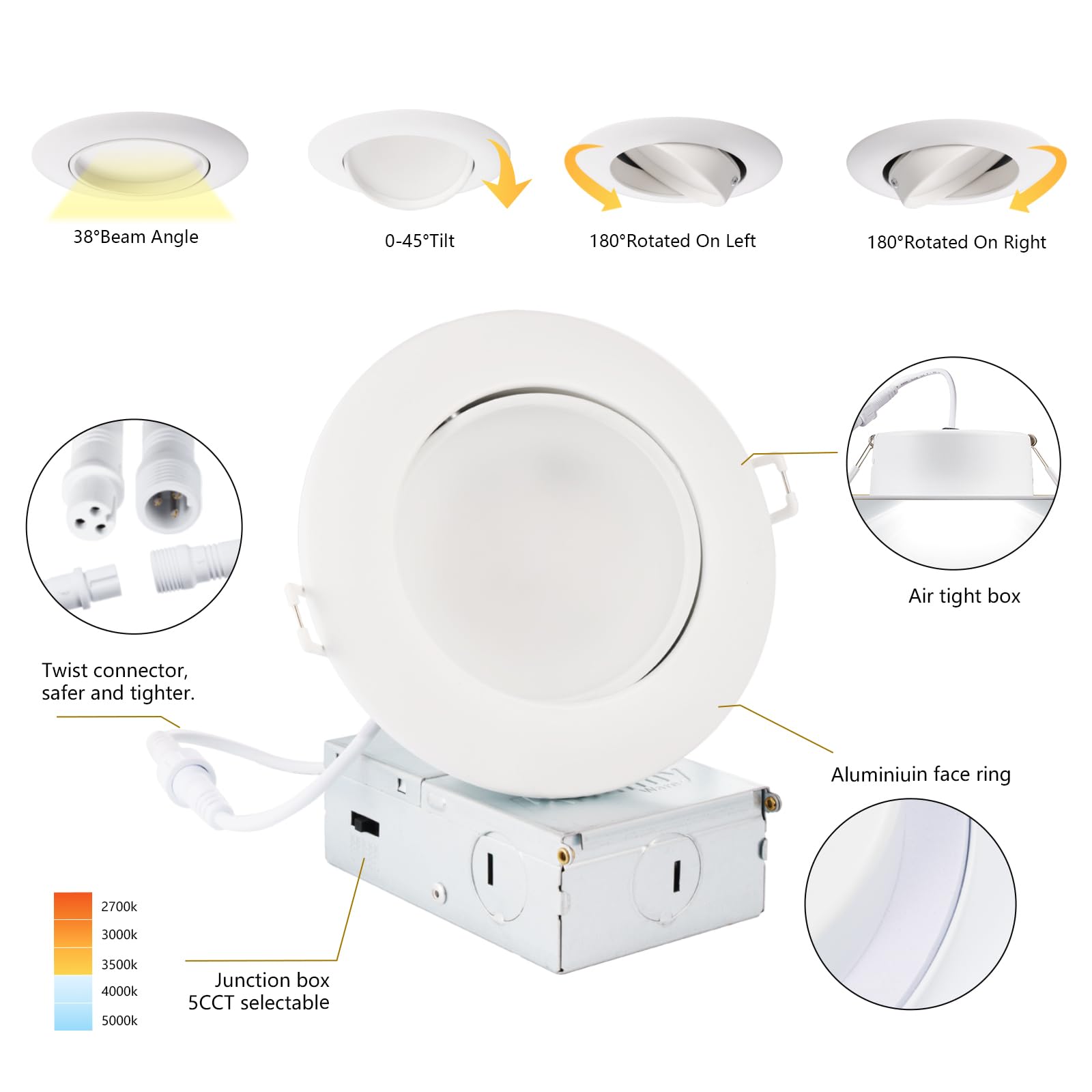 Knlnny Ware 6 Inch Led Recessed Lights 6 Pack,Ajustable Led Eyeball Gimbal Light With Junction Box,5Cct Selectable,15W 1250Lm,Di