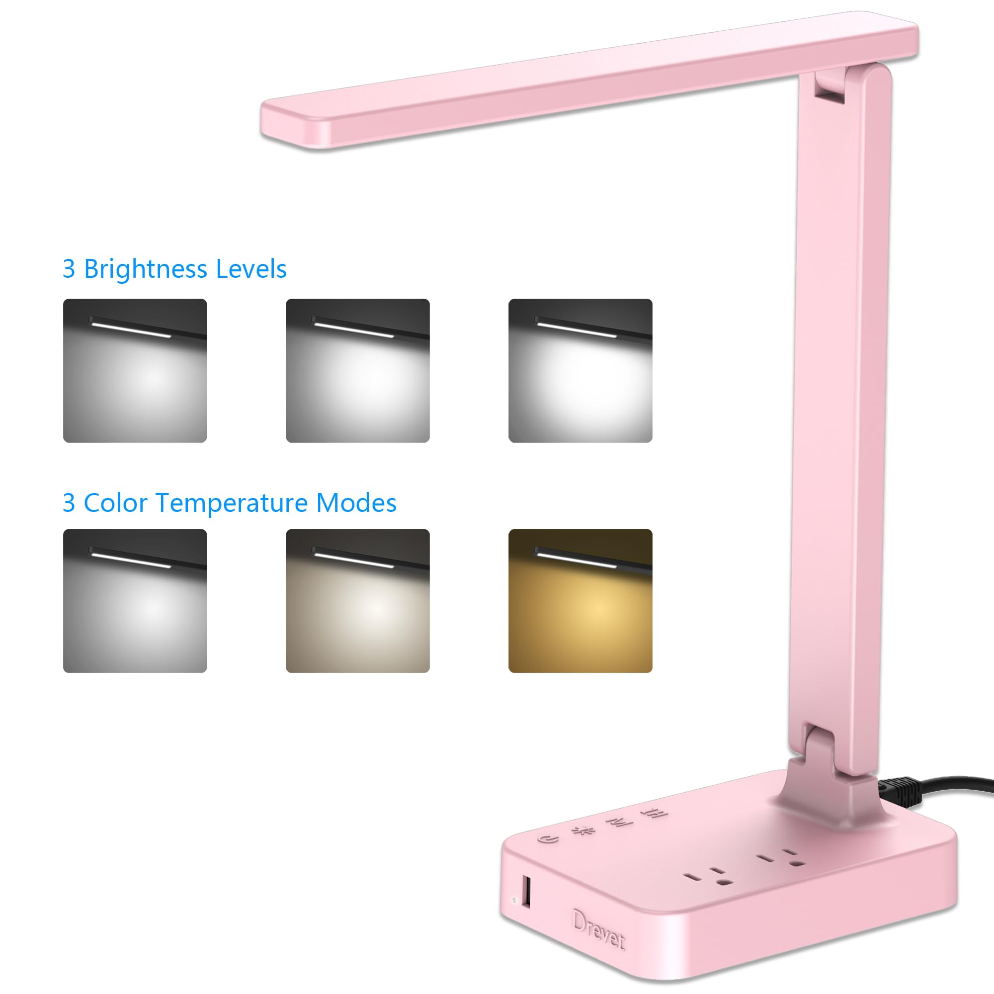 Drevet Led Desk Lamp, Desk Light With 1 Usb Charging Port And 2 Ac Power Outlet, 3 Lighting Modes, 3 Level Brightness,1H Timer,