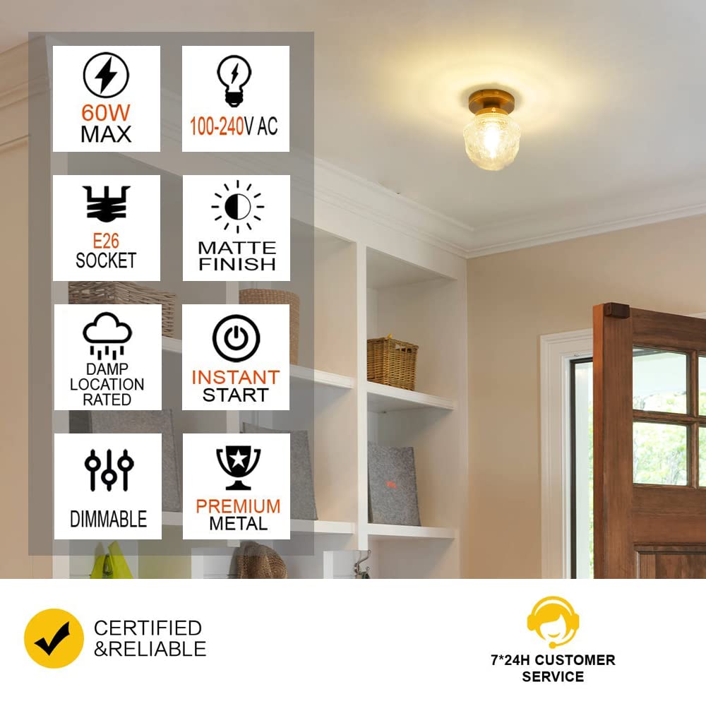 Dsmjfu Brass Semi Flush Mount Ceiling Light, Small Hallway Light Fixture, Vintage Close To Ceiling Light Fixture For Bathroom, E