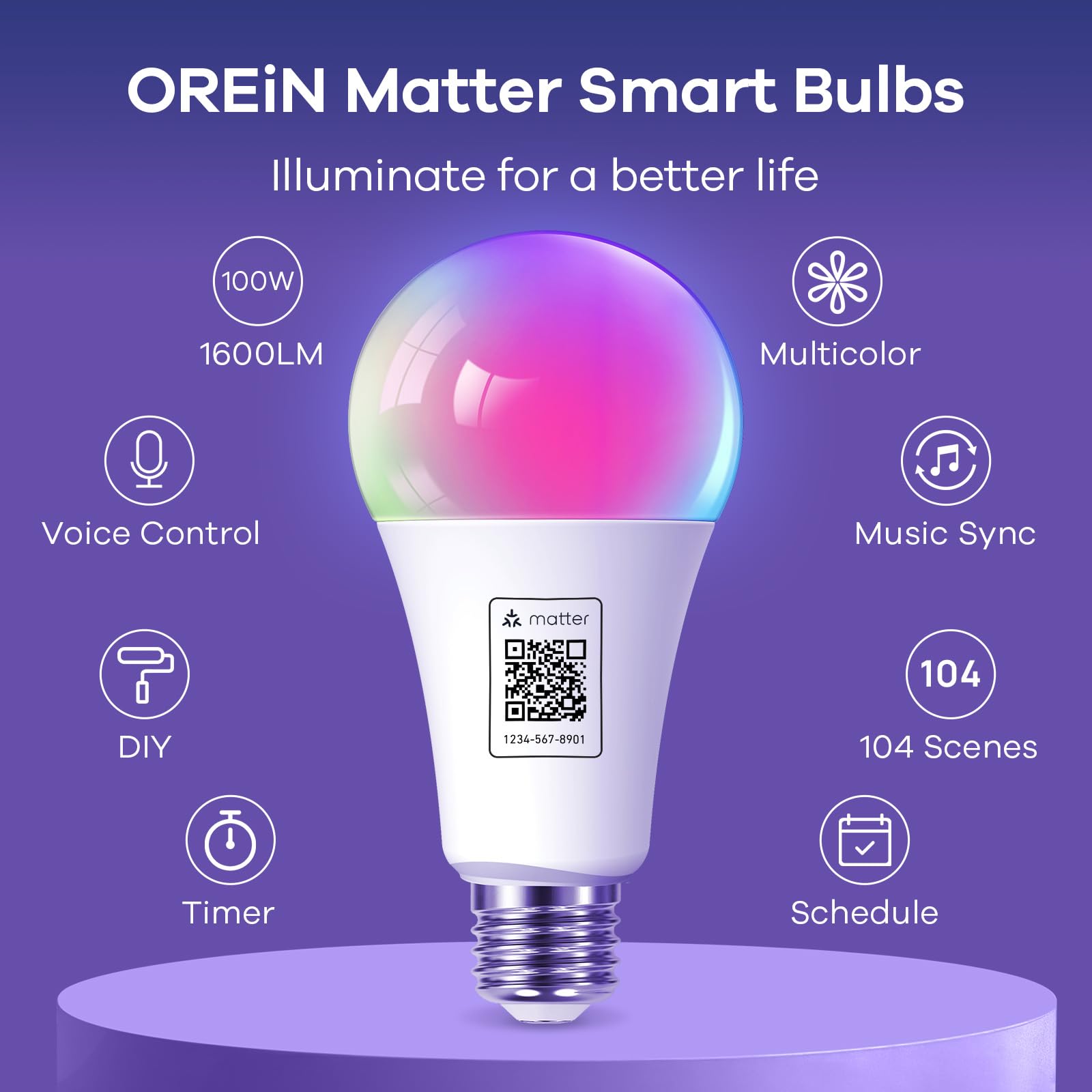 OREiN Smart Light Bulb, 1600 Lumens A21, Color Changing, 4-Pack, Multi-colored, Compatible with Apple Home, Alexa, Google Home
