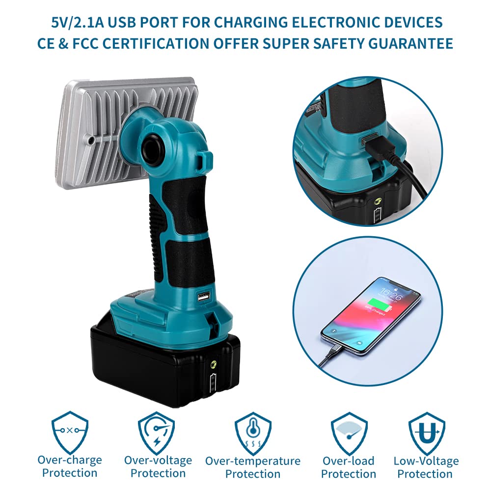 Work Light For Makita 18V Battery, 18W Flashlight, 2000Lm Portable Flood Light With Usb-A Port For Jobsite, Camping, Car Repairi