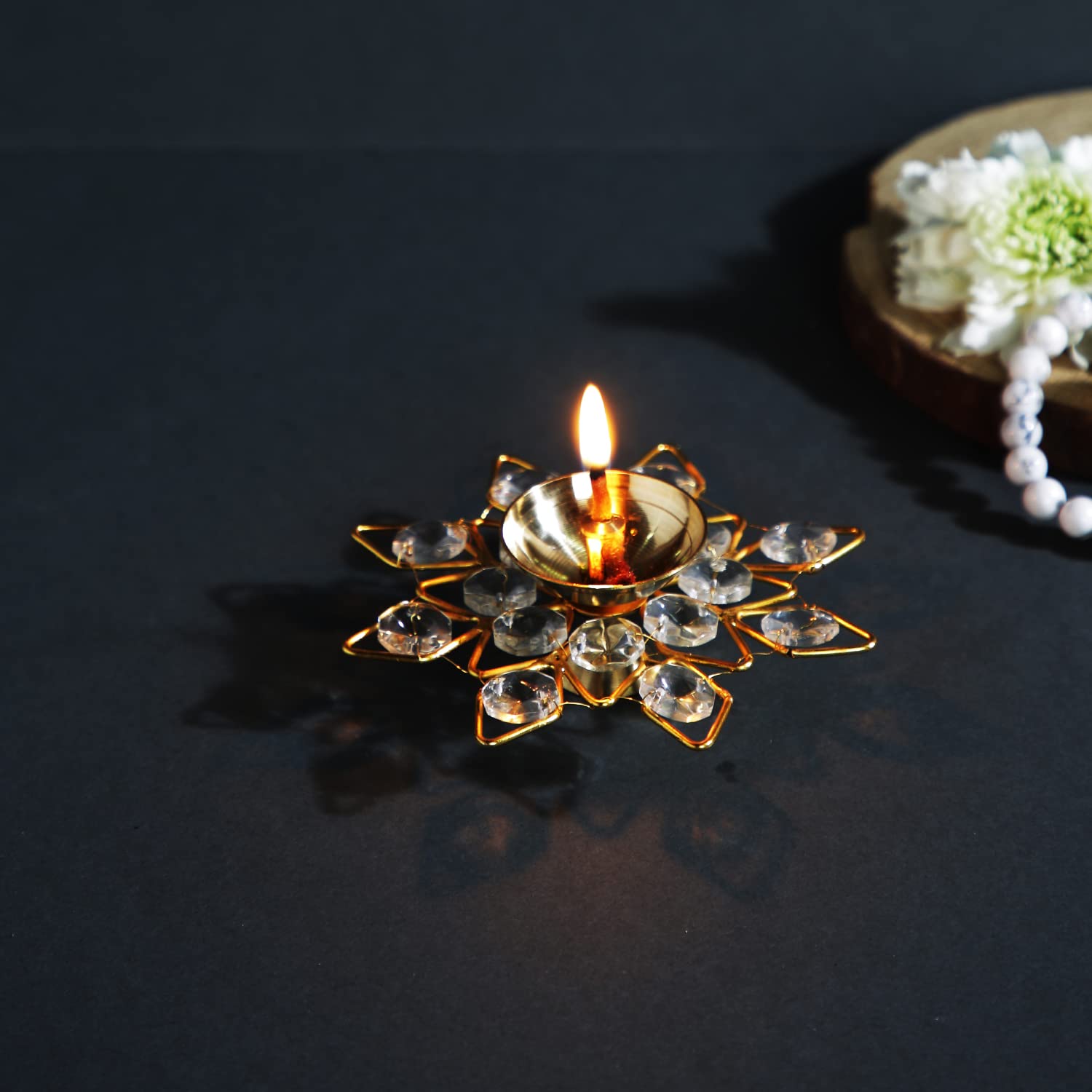 CraftVatika Crystal Akhand Diya Brass Oil Puja Lamp for Home Office Gifts Pooja Articles Decor (Golden, 4 X 1.5 Inch) (1 Piece)